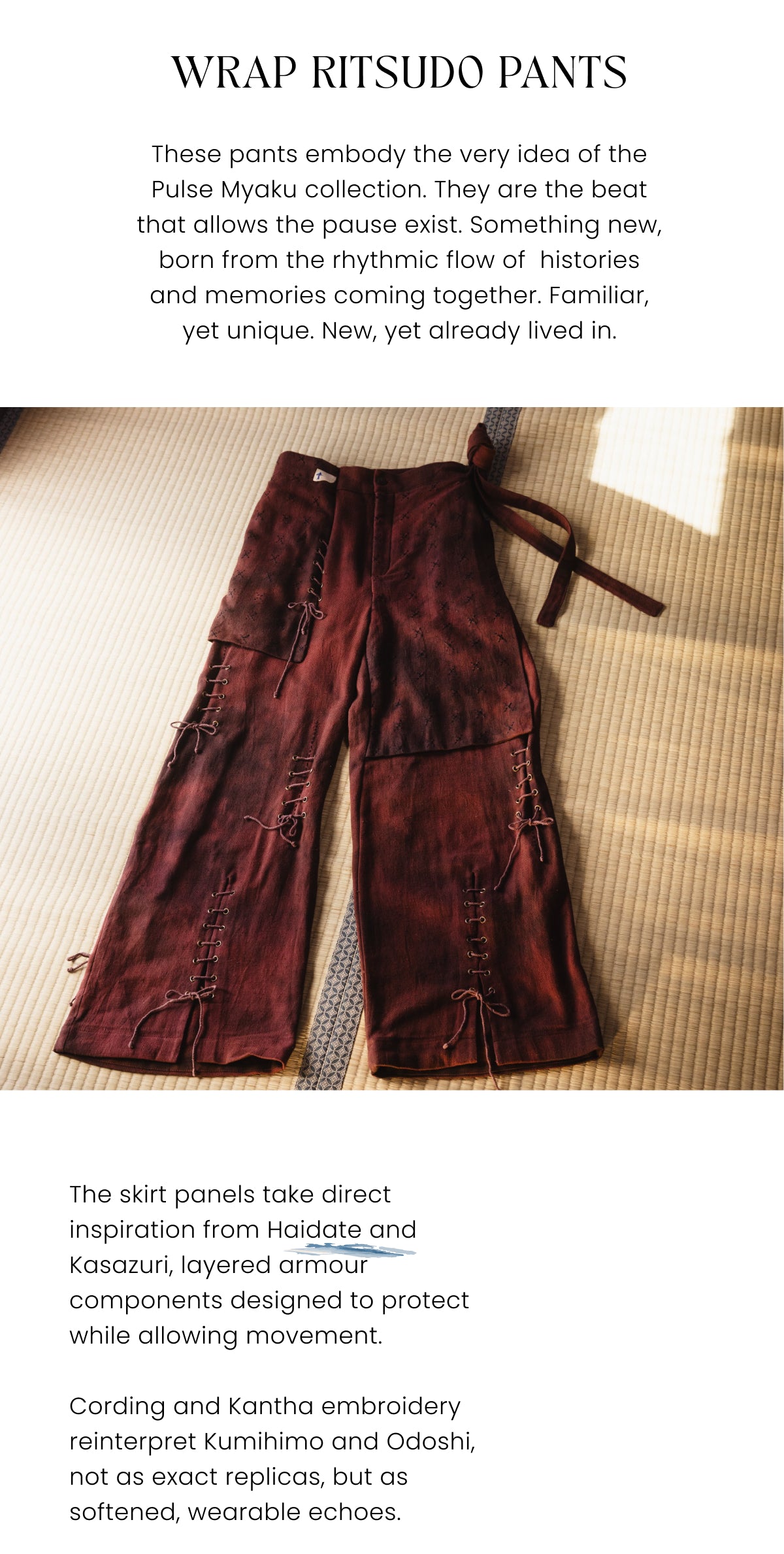 These are the Pulse Myoku collection Wrap Ritsudo Pants in a dark red color featuring kantha embroidery and kanzashi-inspired panels.
