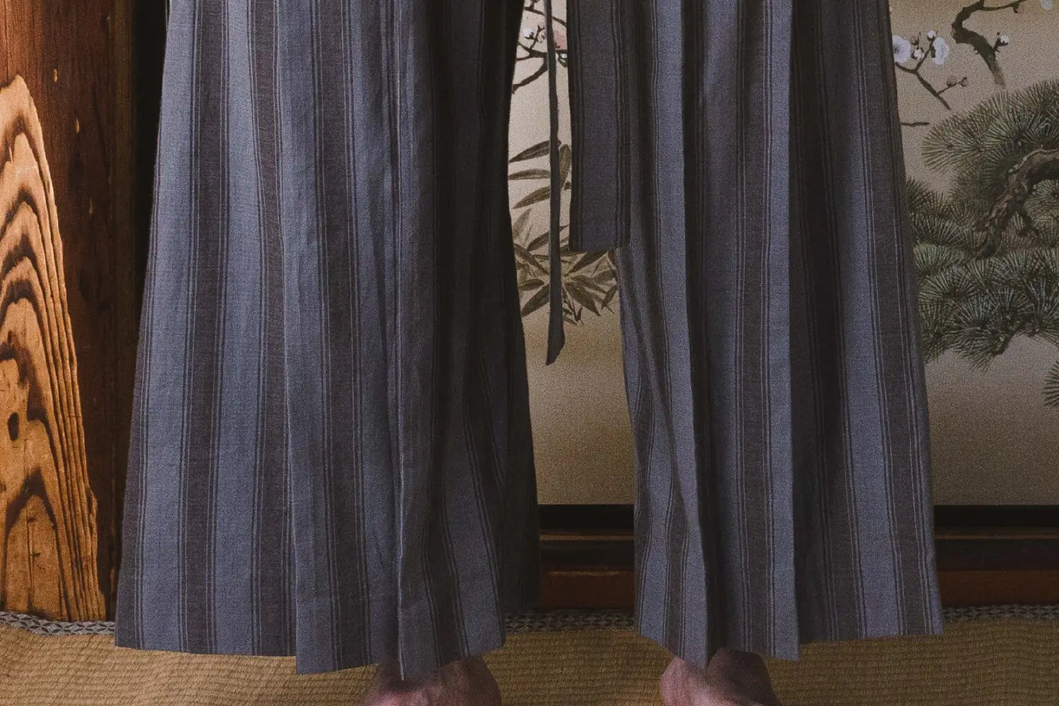 Traditional Japanese kimono worn by a person in a room with wooden elements and a painting.
