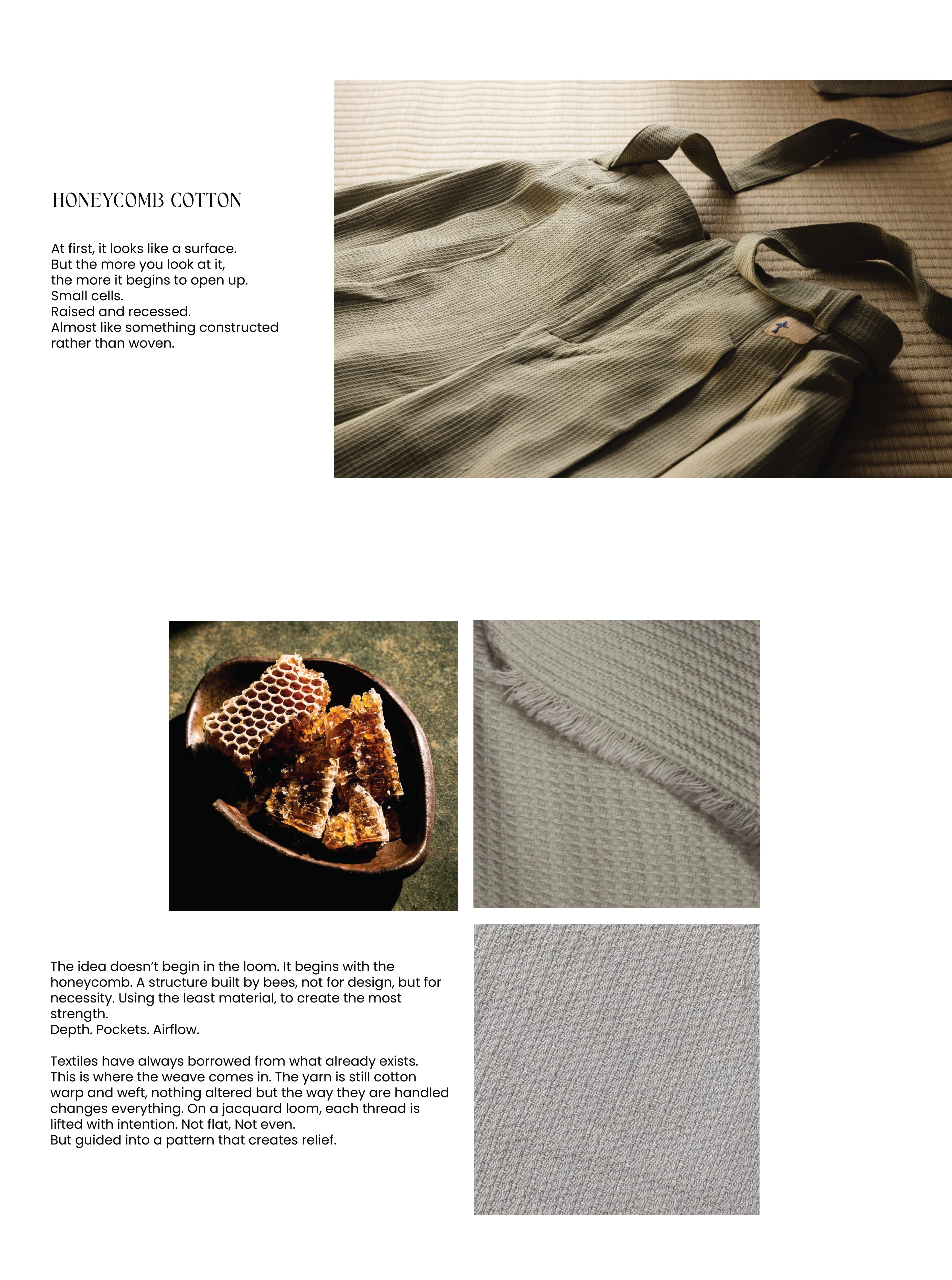 Text about honeycomb cotton fabric with close-up images of the fabric and honeycomb structure.