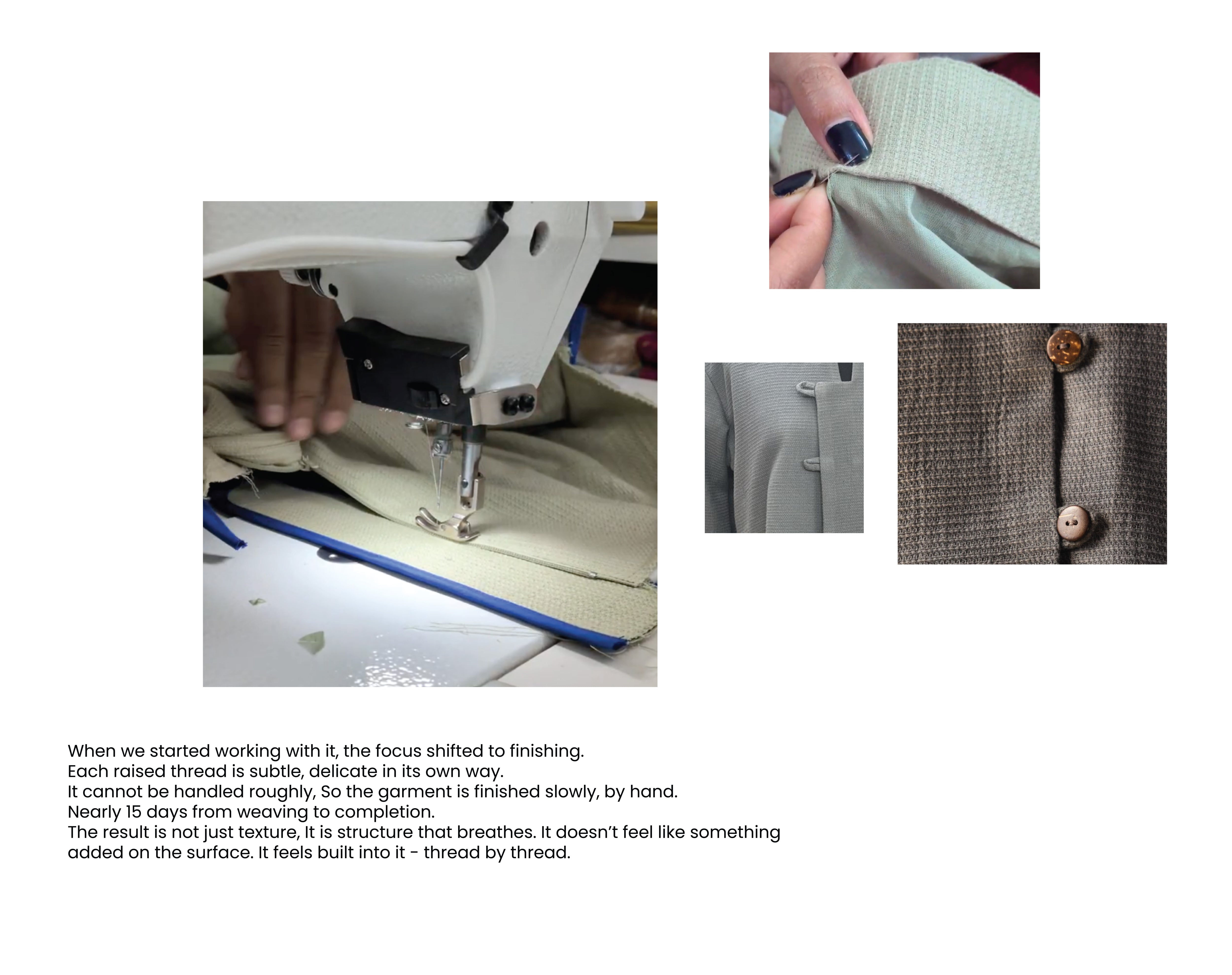Collage of sewing process and finished garment with text about thread quality.