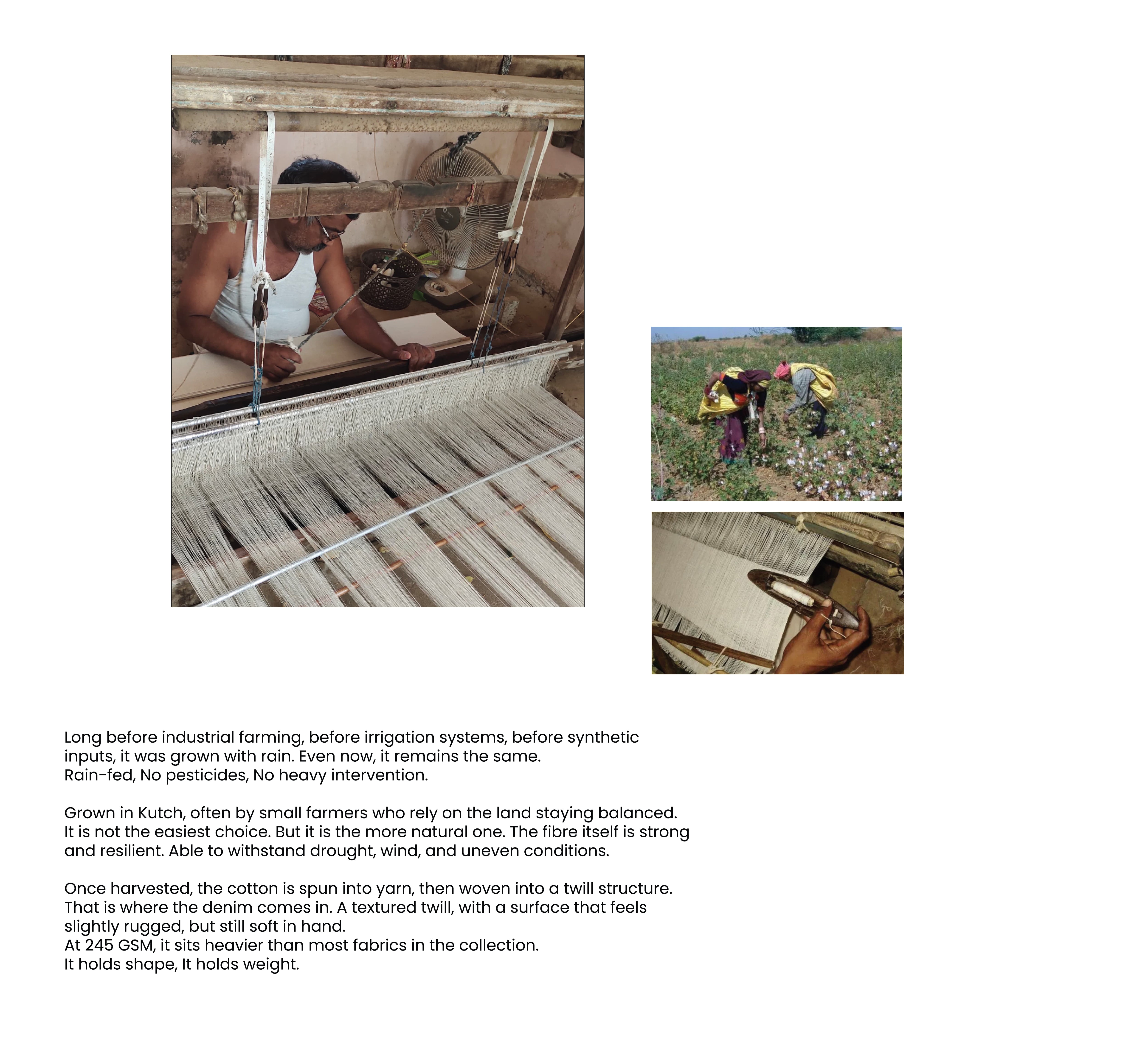 Collage of images showing traditional farming and textile processes with text about organic farming.