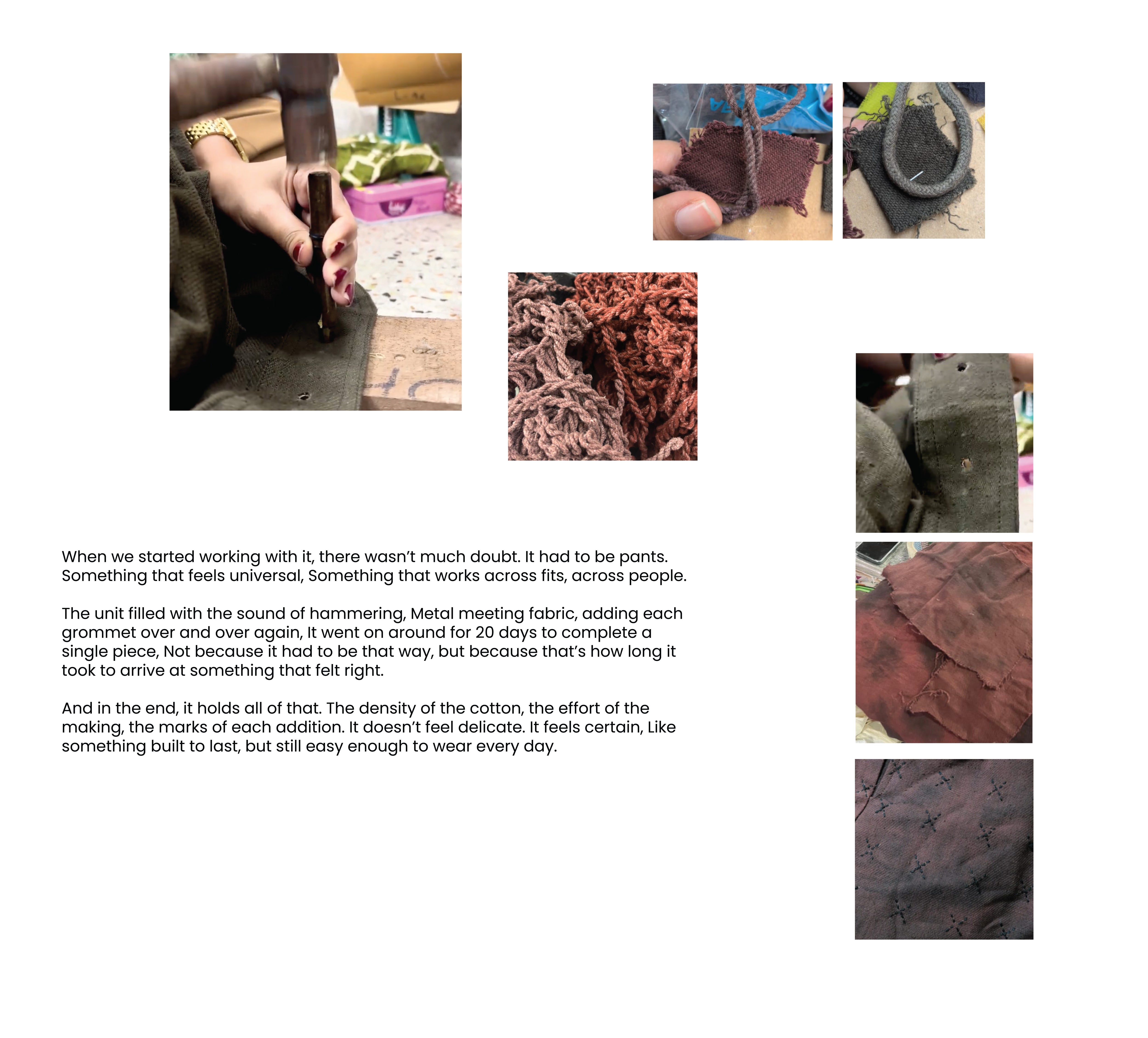 Text and images of fabric and clothing on a white background