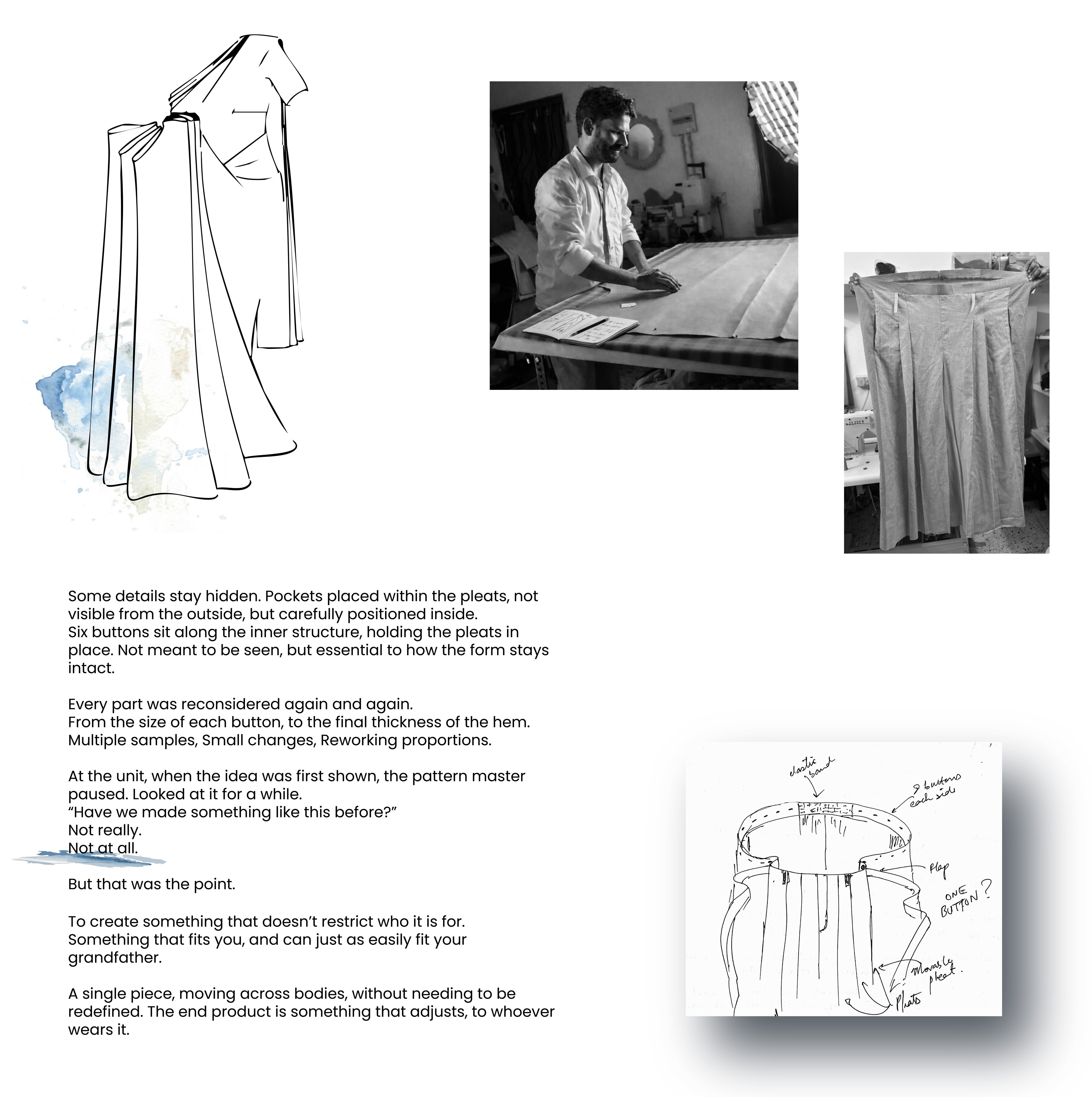 Design process of a garment with sketches, photos, and text on a white background
