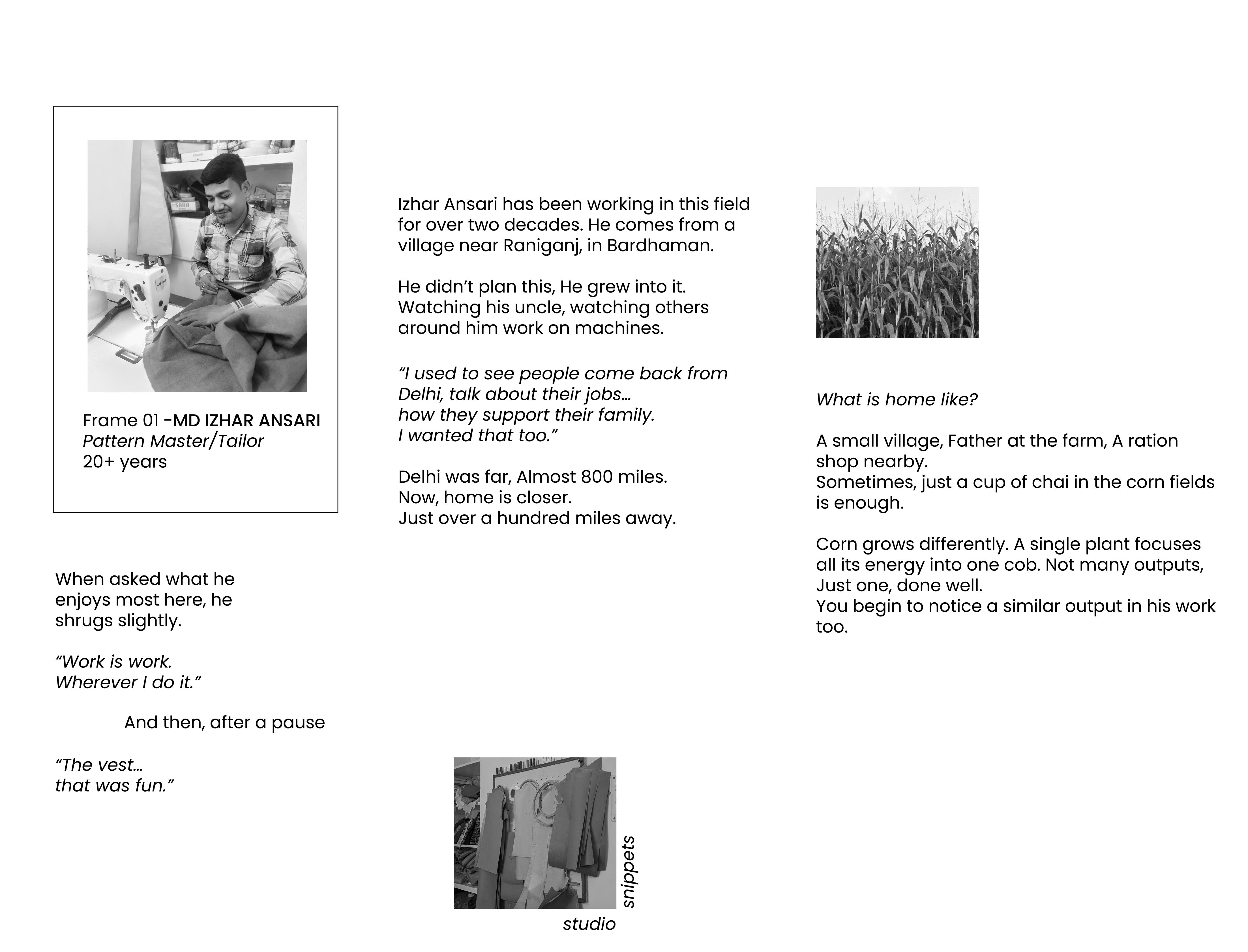 This image displays a personal profile of a tailor named Izhar Ansari, highlighting his career and background.