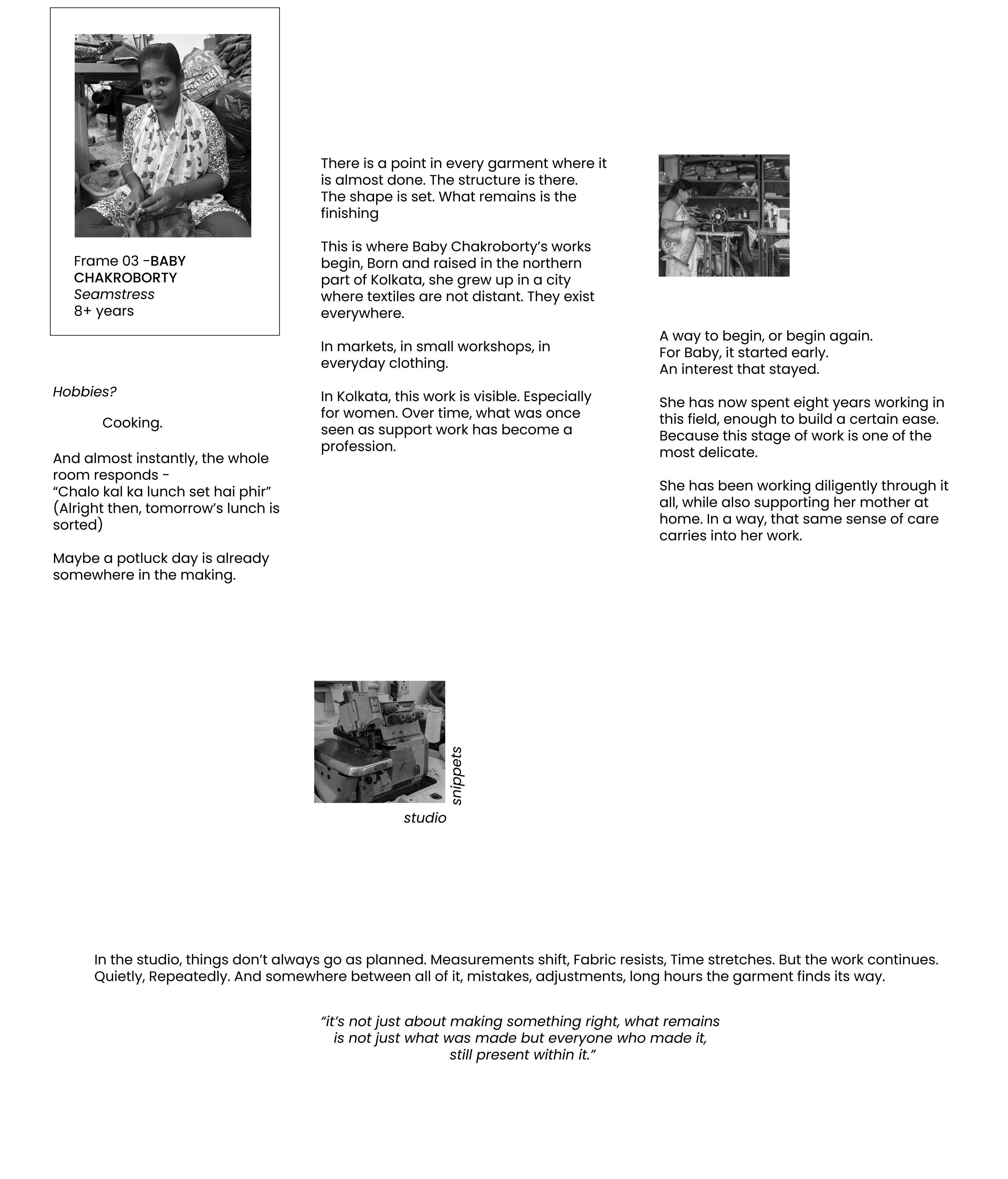 An image featuring a profile of Baby Chakroborty, a seamstress with over 8 years of experience. It includes a portrait of her working, a photo of her in a studio setting, and a picture of a sewing machine. The text describes her background in Kolkata, her journey in the garment industry, her hobby of cooking, and her philosophy that a finished garment carries the essence of the person who made it.