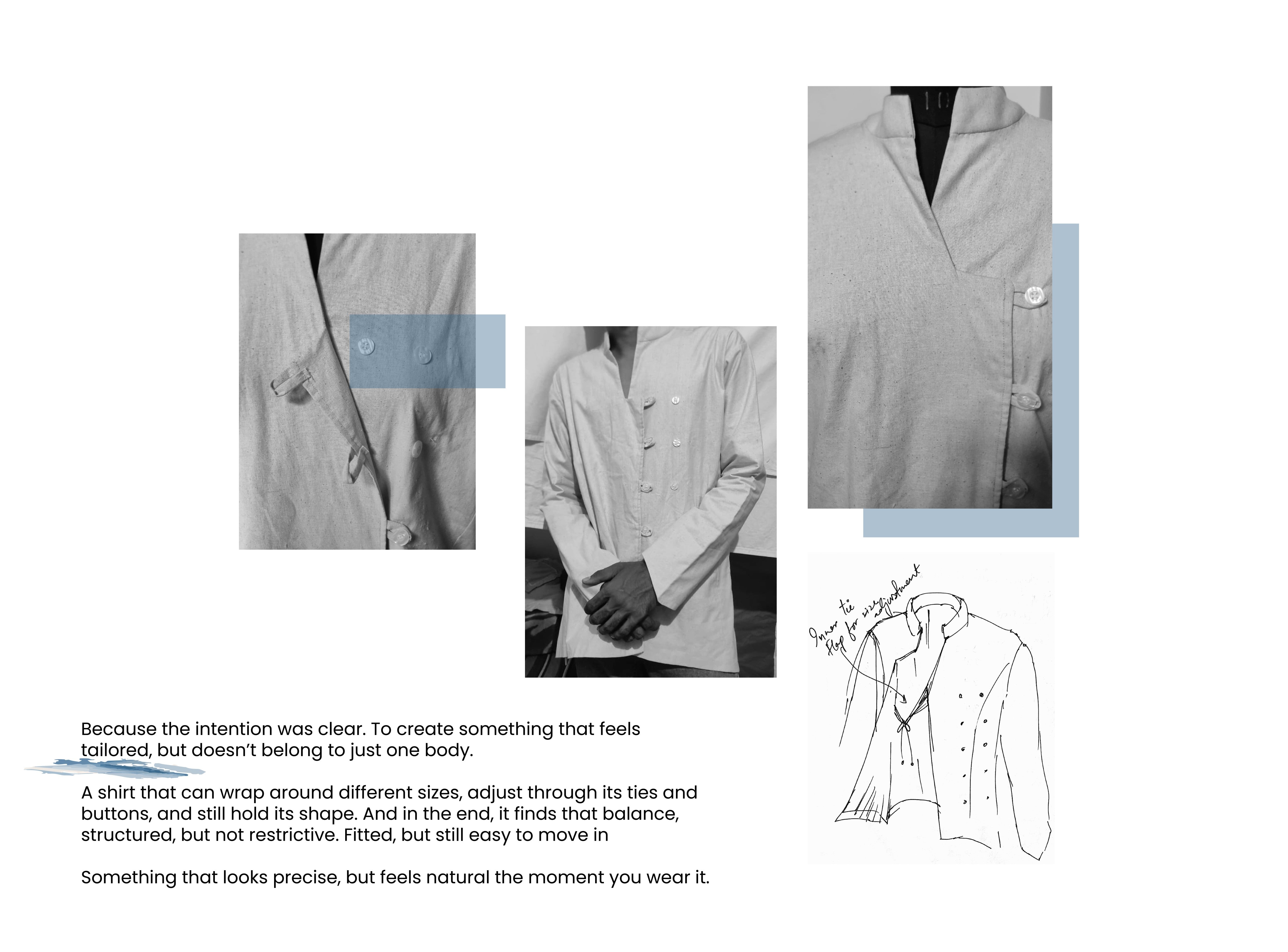 A grayscale mood board showcasing a minimalist, wrap-style shirt design. The image features several photographs of the garment on a mannequin and a person, alongside a technical fashion sketch.