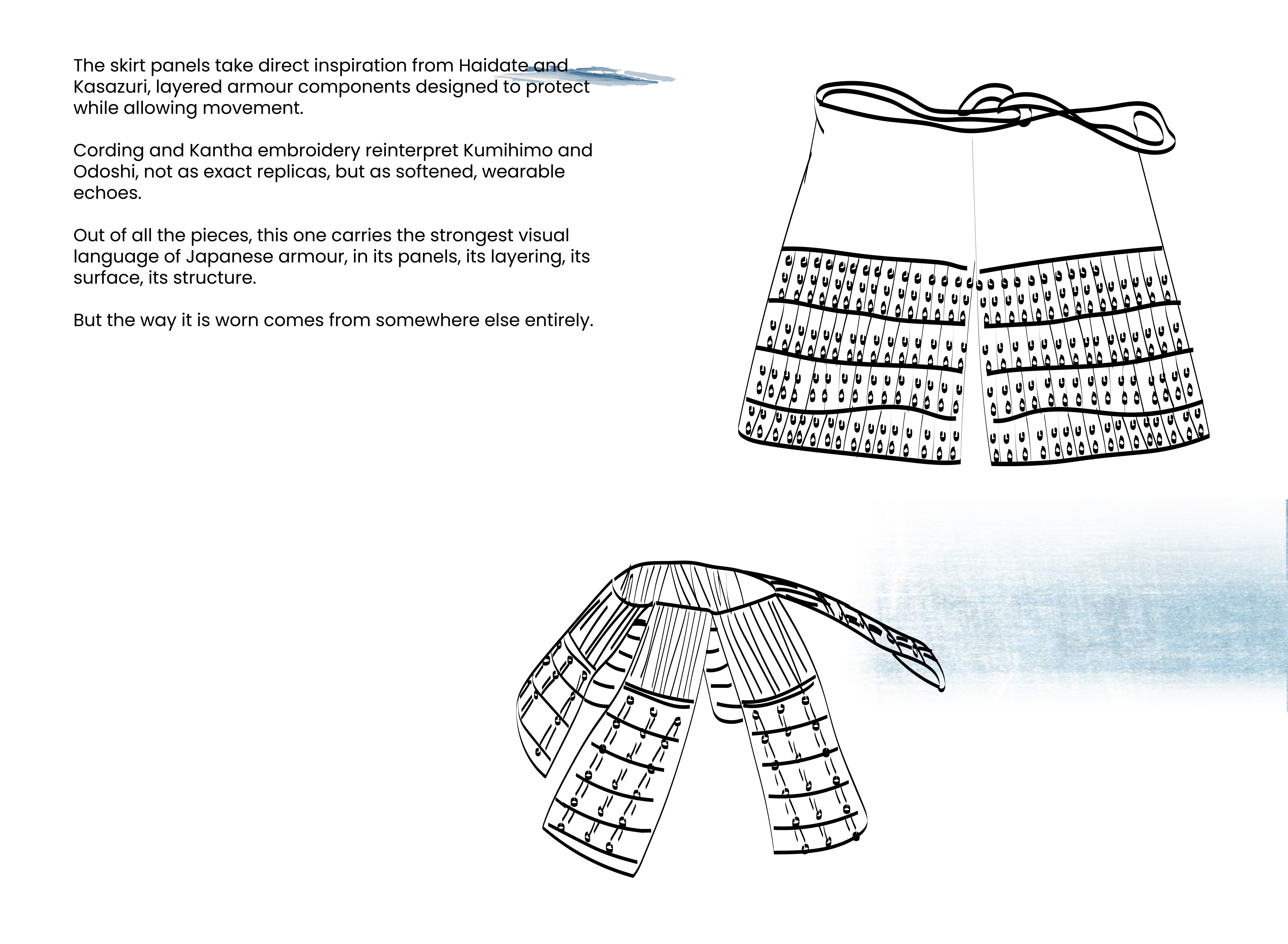 These sketches illustrate a fashion item inspired by Japanese samurai armor components.