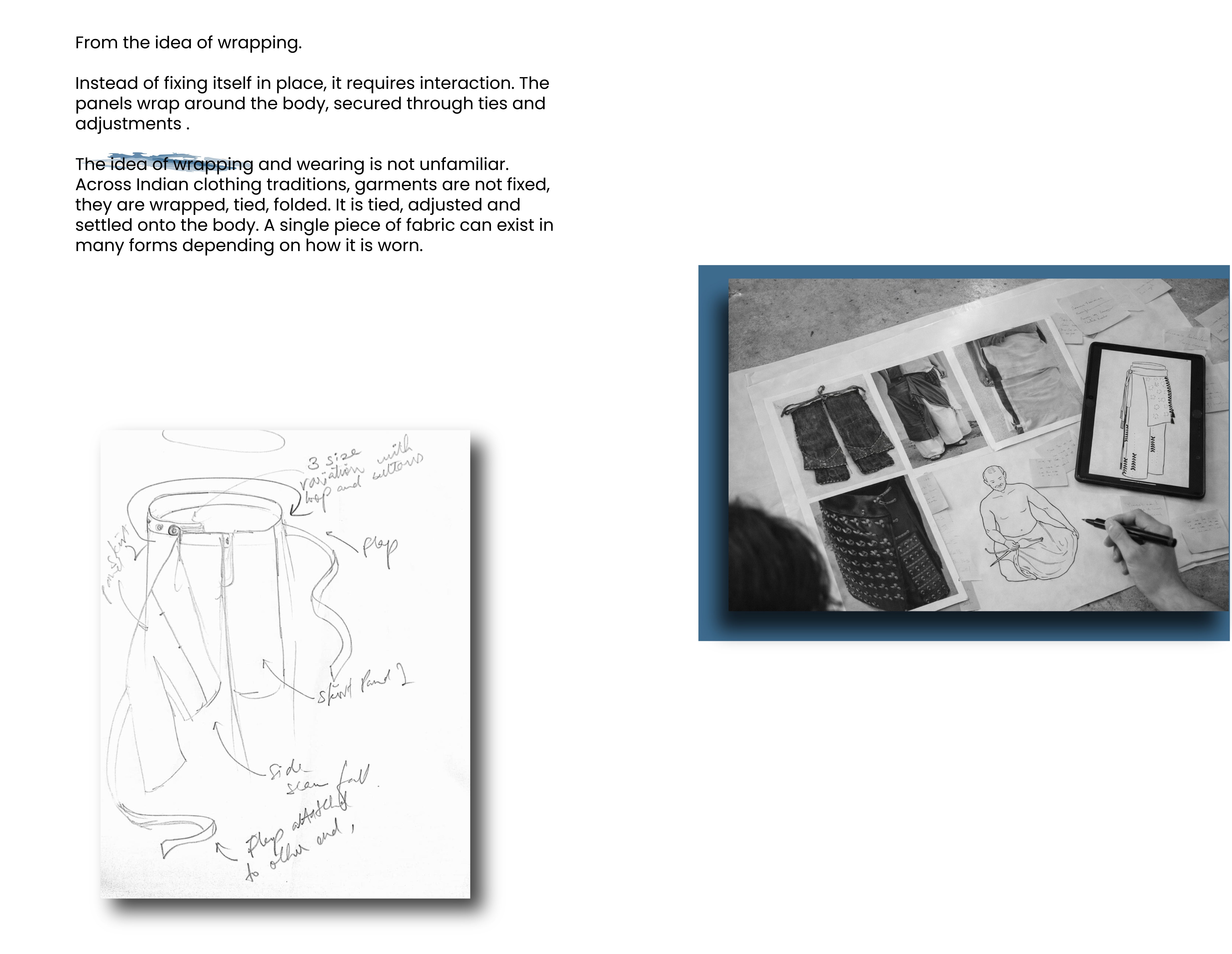 This image depicts a fashion design research and development process, focusing on the concept of wrapping garments.