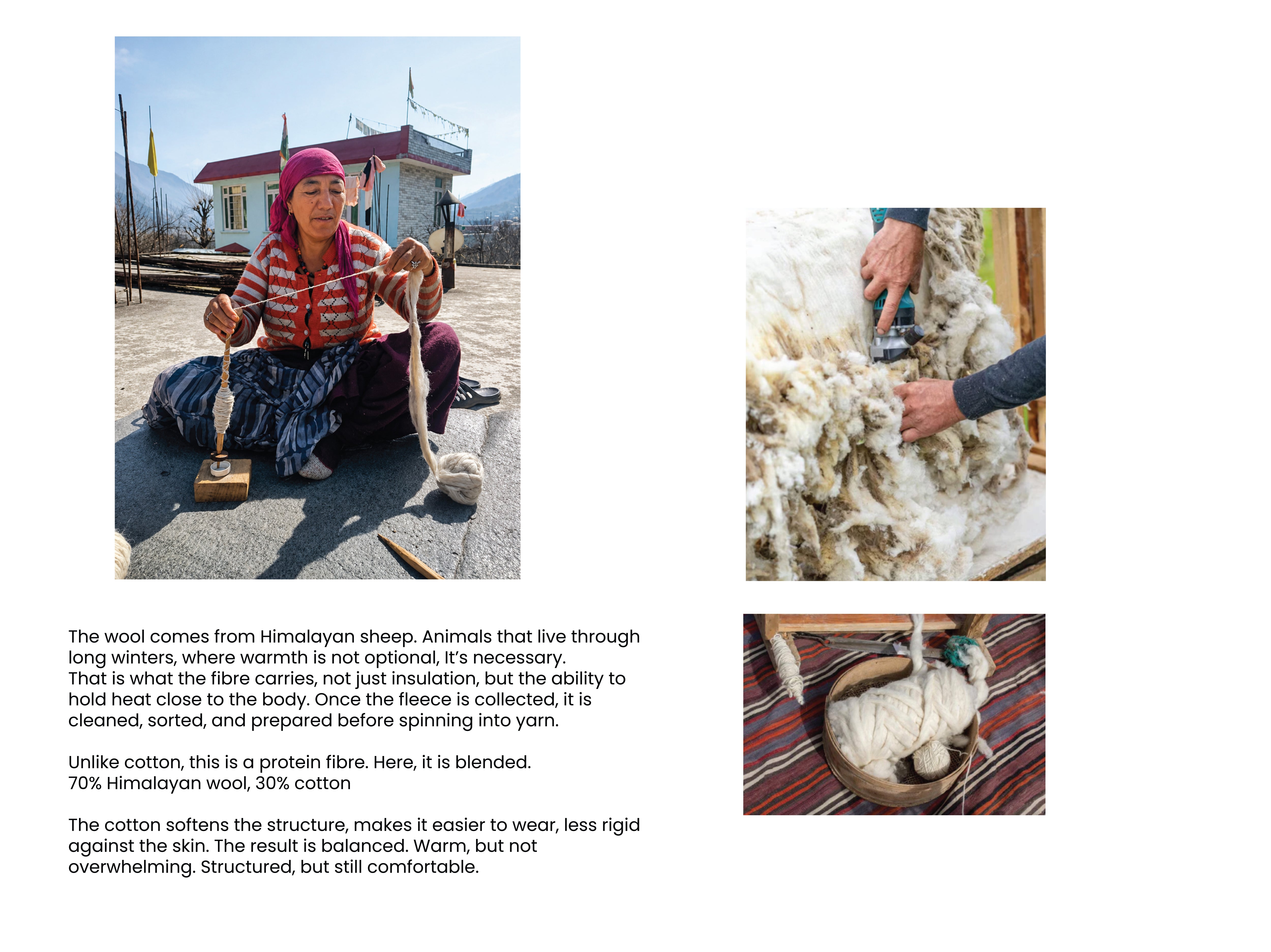 The image illustrates the traditional production of Himalayan wool textiles: