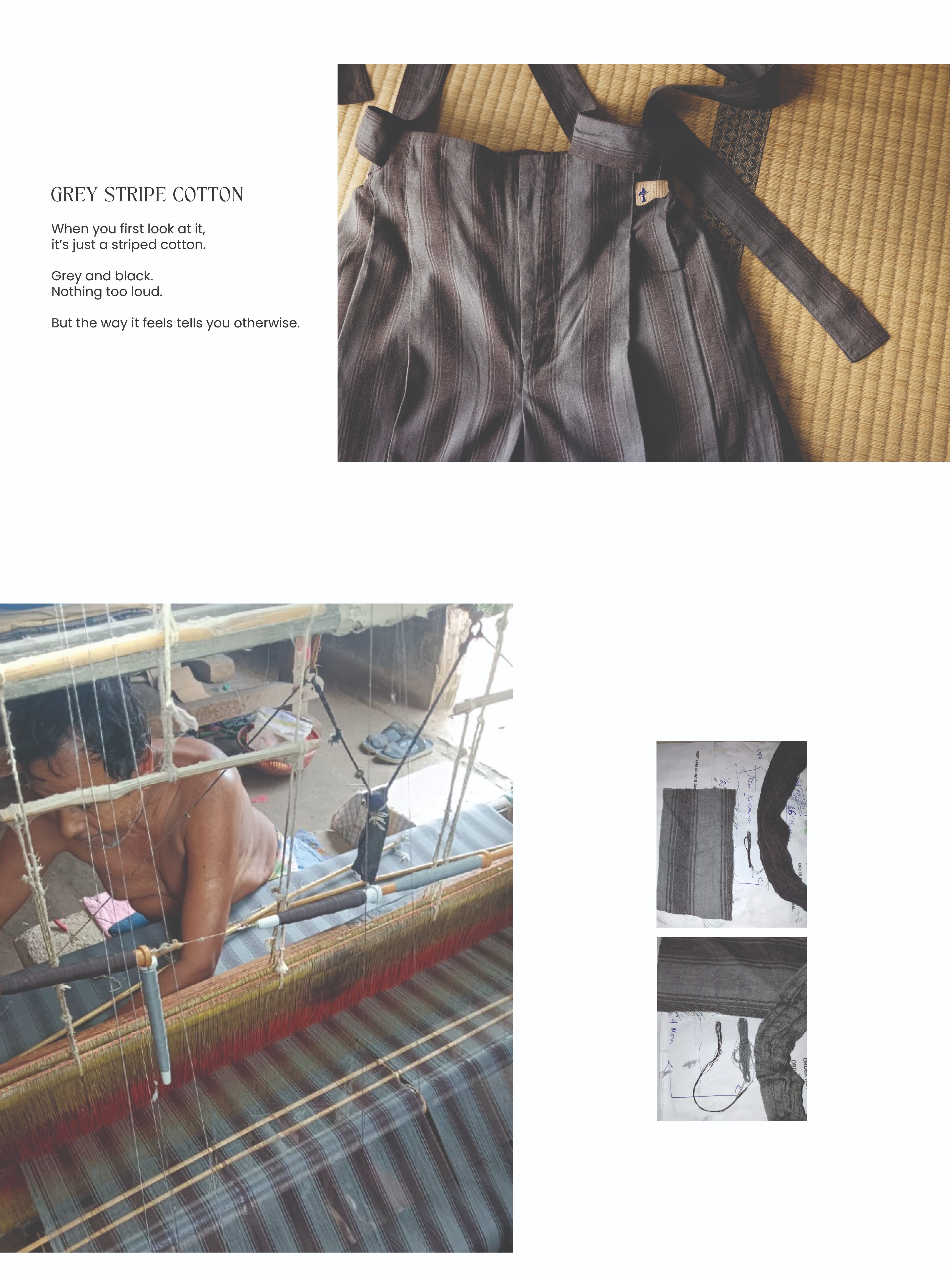 Gray striped garment with text overlay on a textured surface, woven fabric scene, and close-up of fabric texture.