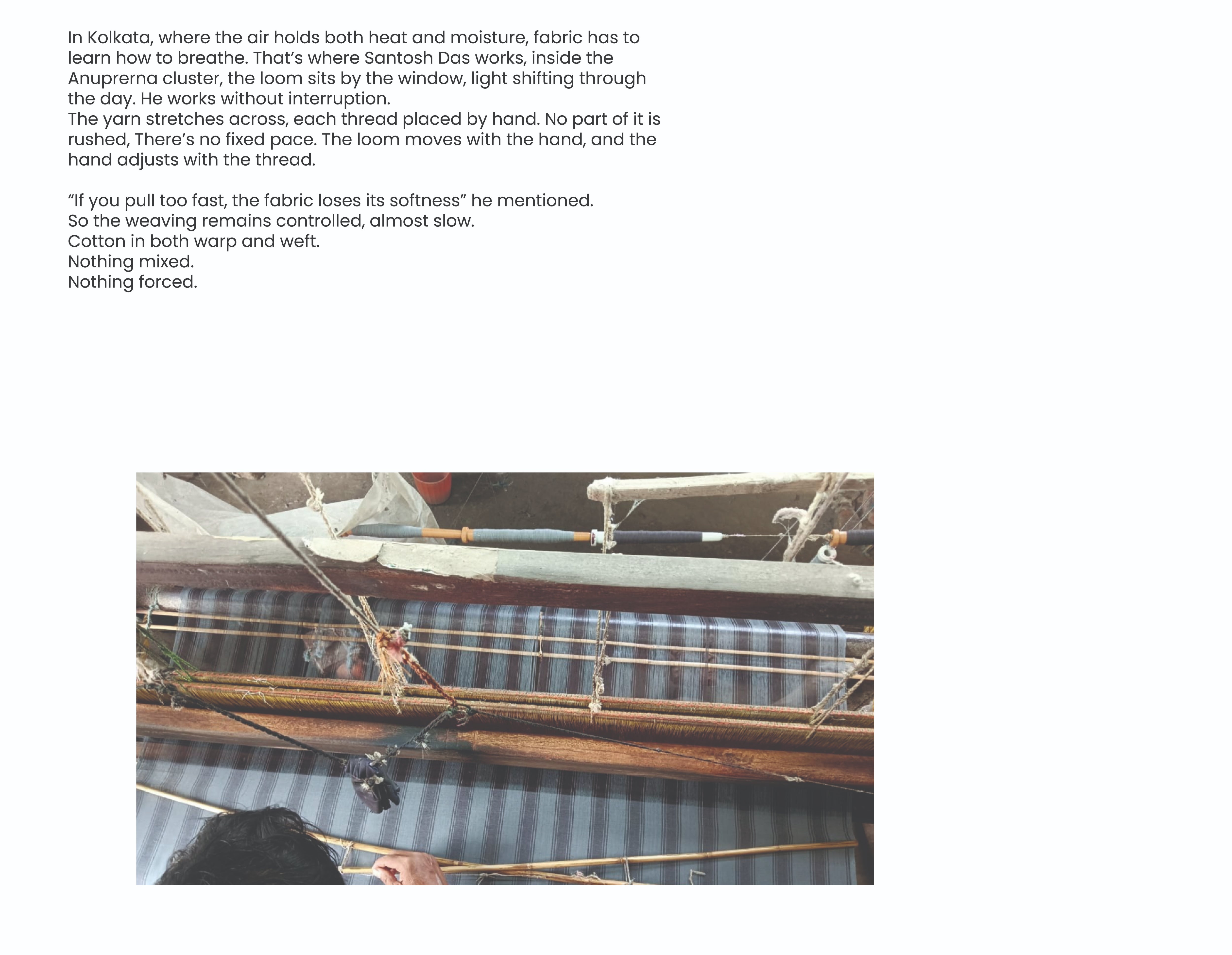 Text on fabric production with a loom in the background