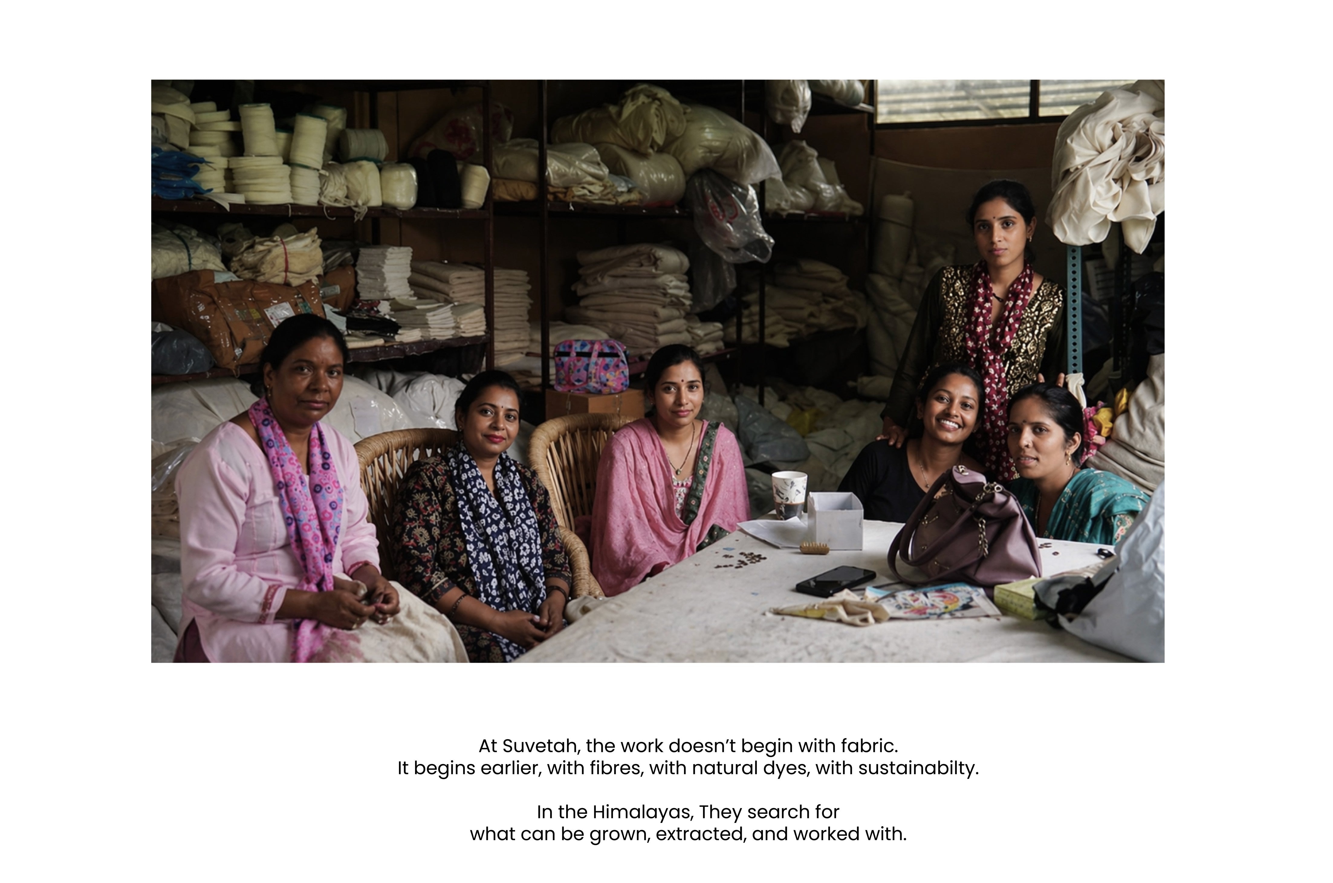 This image features a group of artisans working in a textile workshop, likely in India based on the mention of the Himalayas.