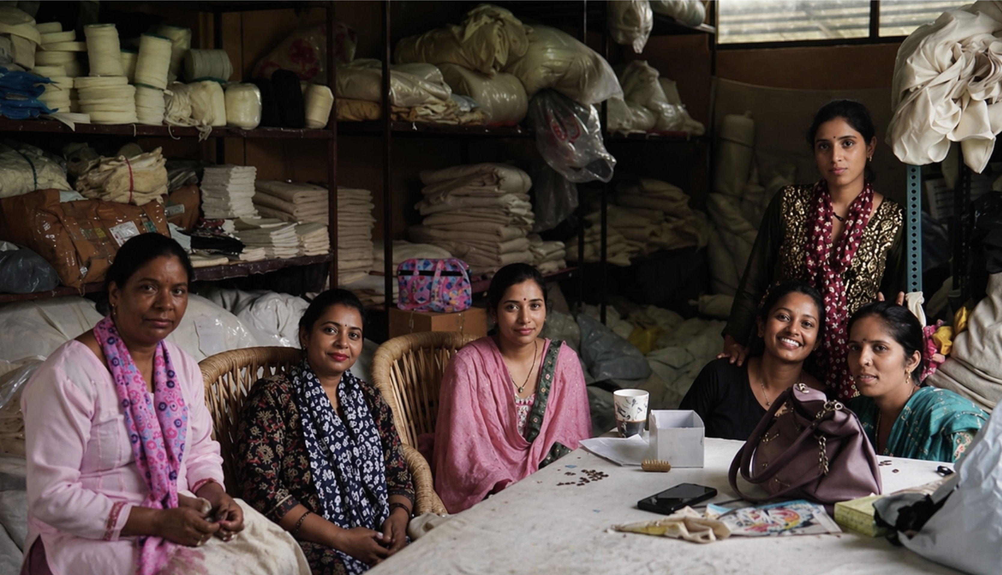 Group of women sitting around a table in a warehouse setting.