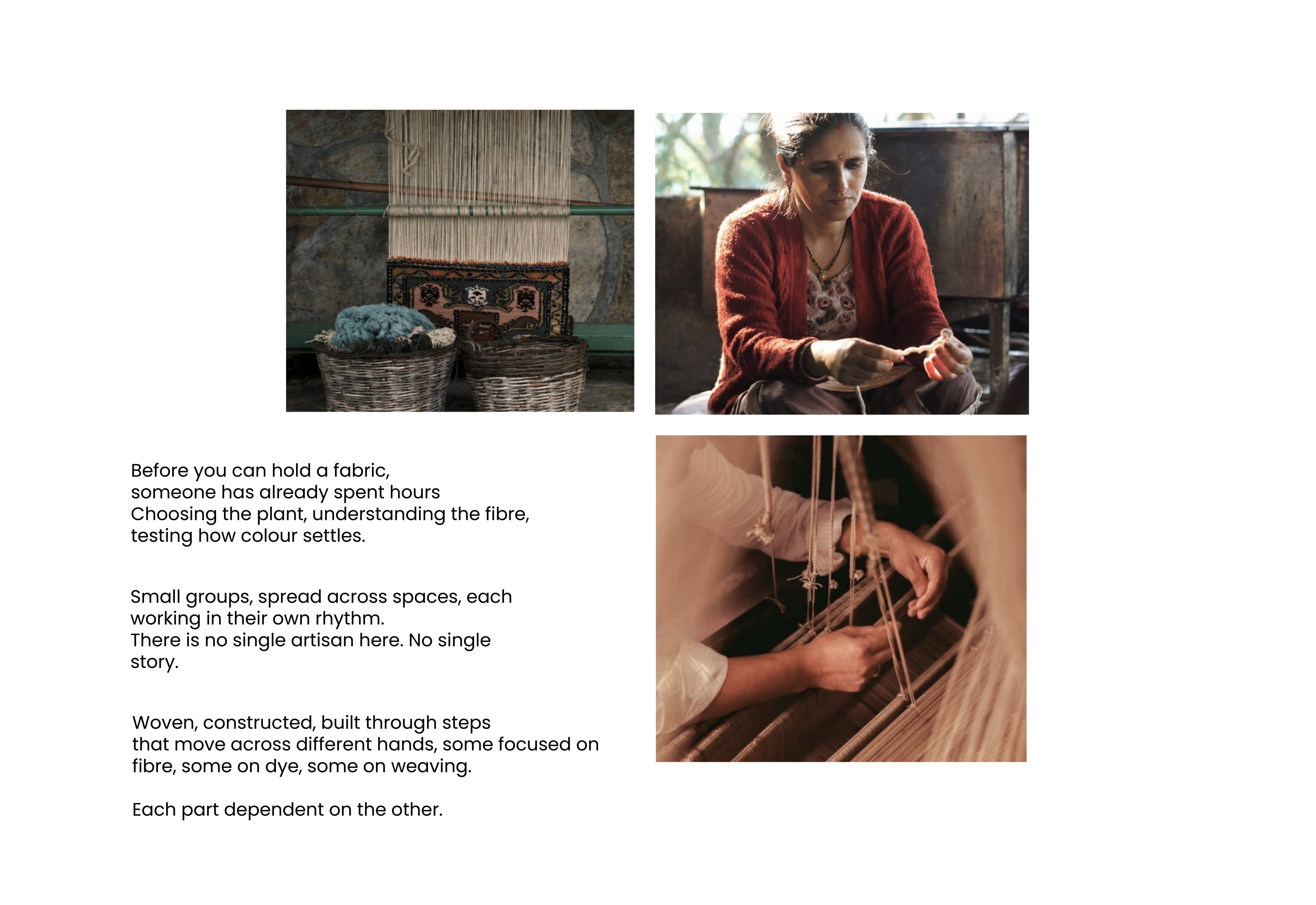 An image collage featuring three photographs and text that highlights the collaborative process of textile making.