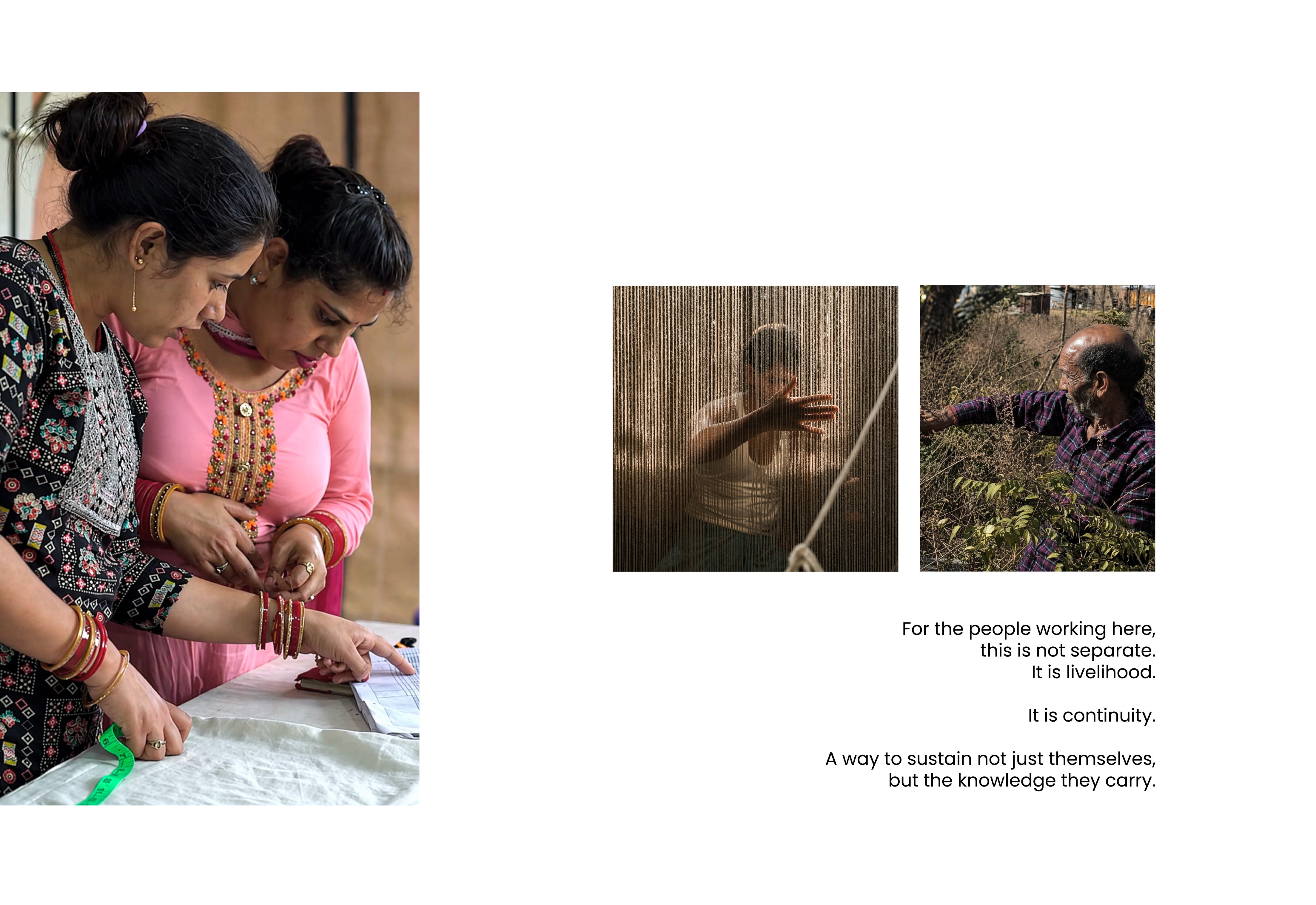 This image portrays a collective of artisans dedicated to preserving traditional textile crafts like Kantha embroidery and handloom weaving.