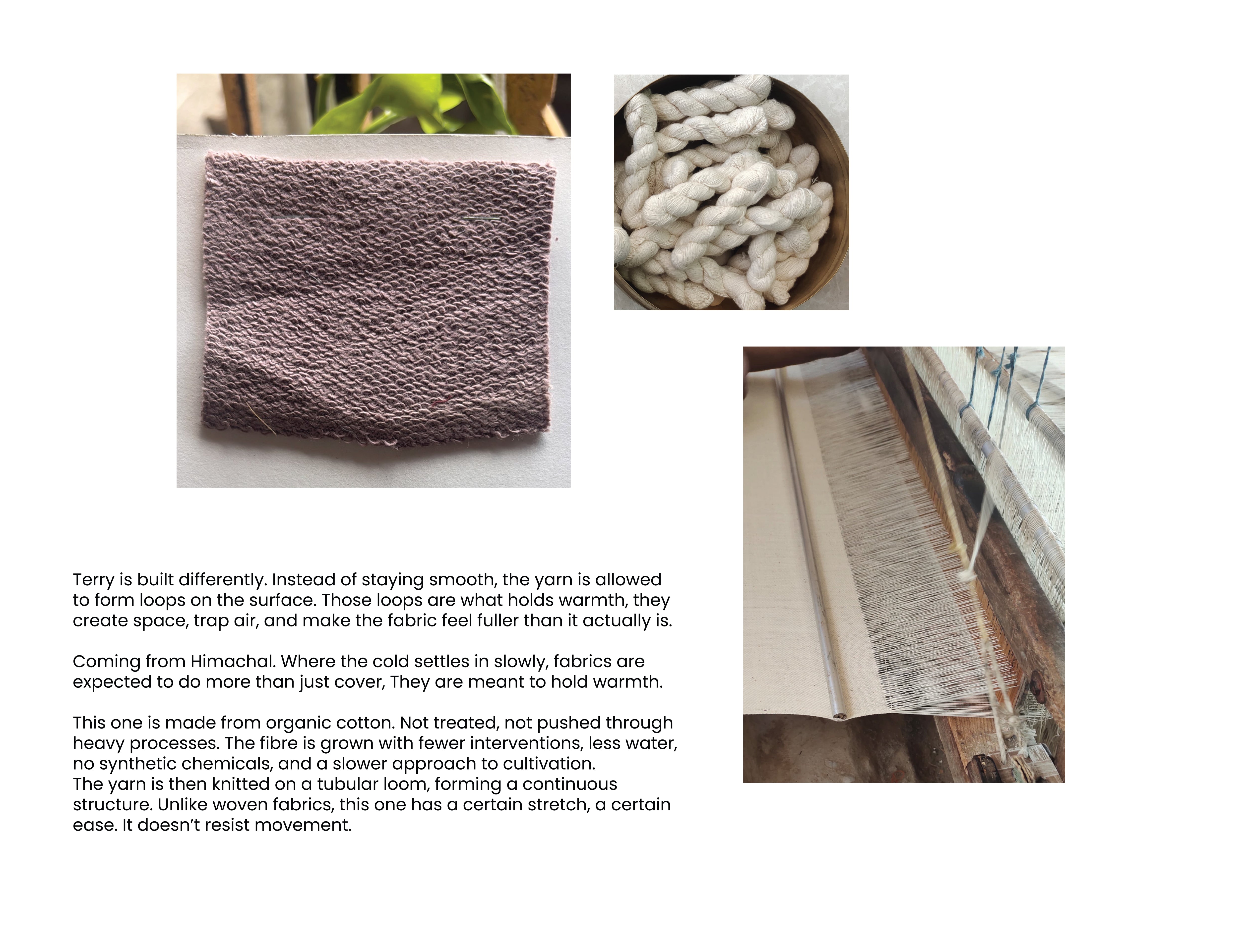 This is a knitted organic cotton textile featuring a looped surface structure for warmth.