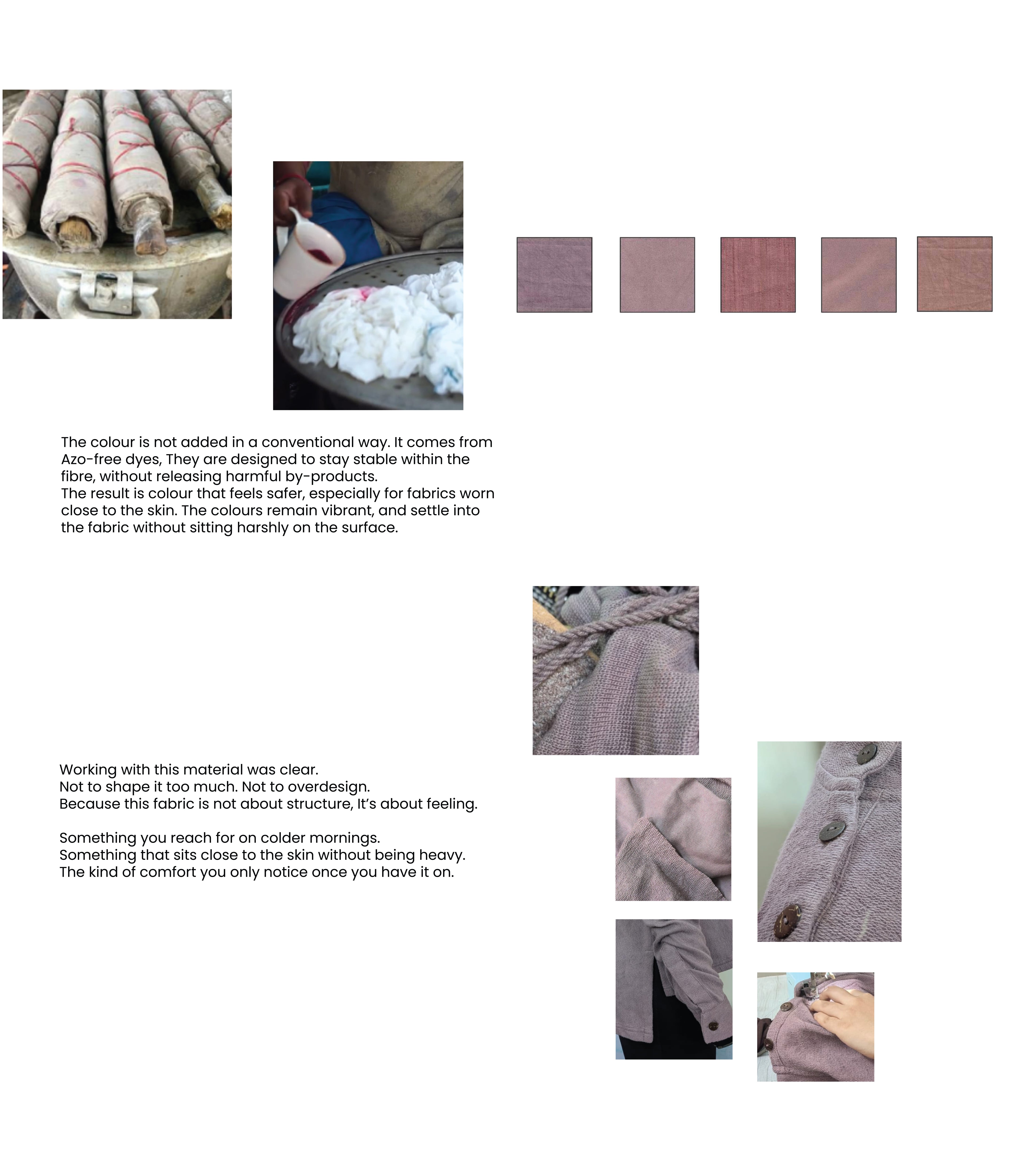Collage of fabric samples and clothing with text on a white background