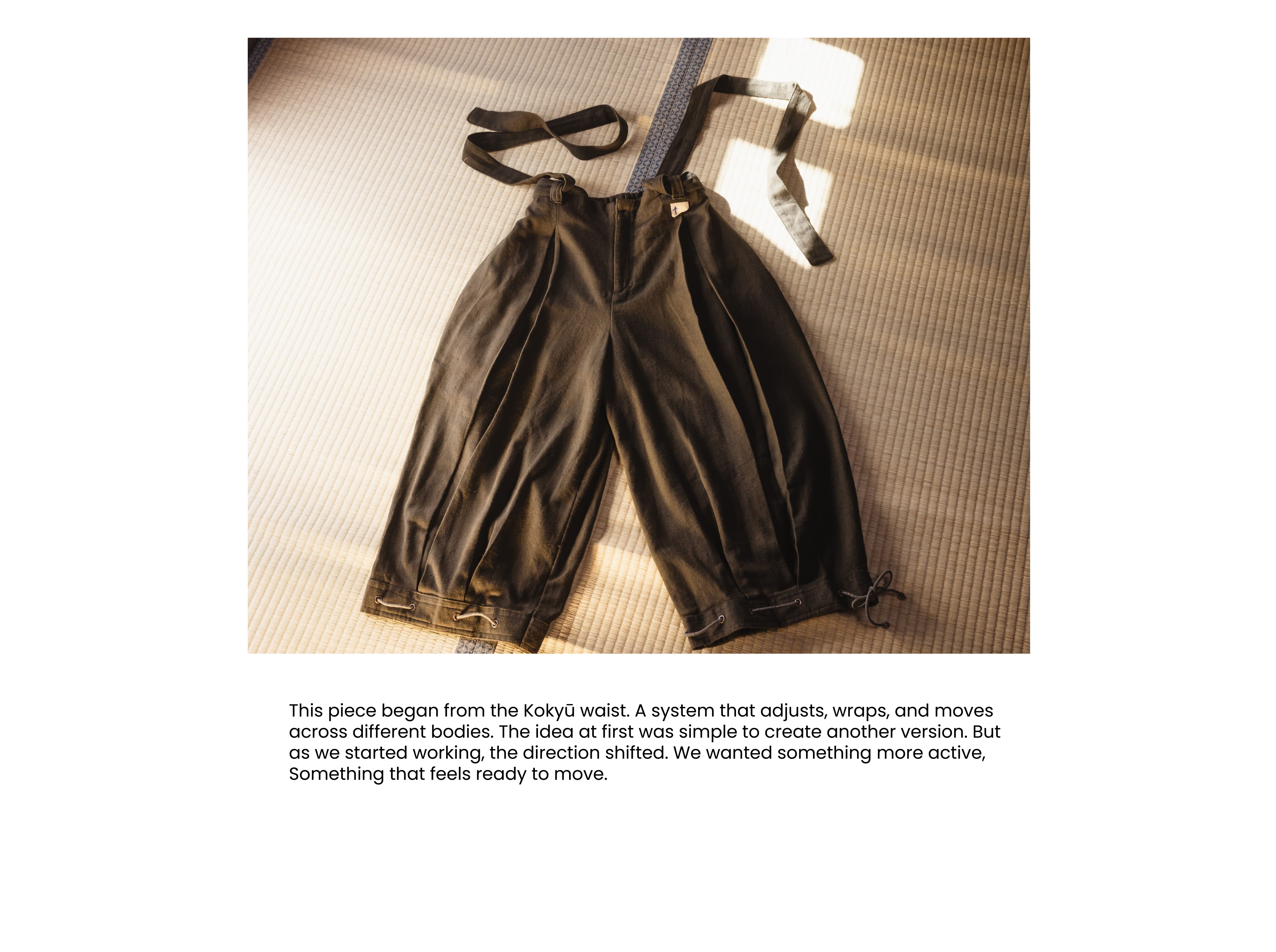 These are Sloop lifestyle Kokyū Pants, a unisex garment featuring a unique handwoven denim twill and a specialized "breathe in and out" waist mechanism designed to fit multiple sizes.