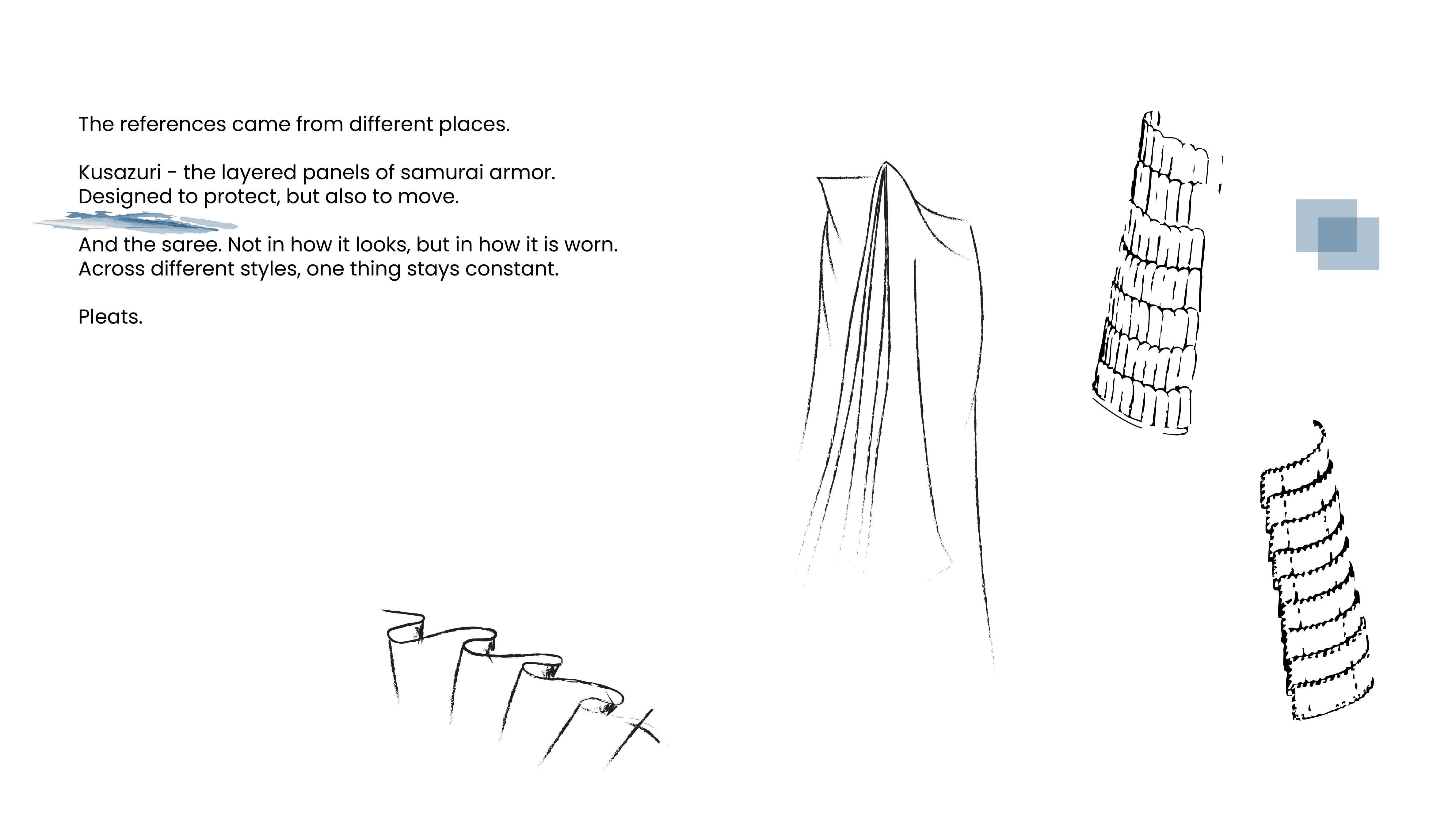 This image appears to be a conceptual design page for a garment, highlighting how design elements are influenced by historical and cultural sources.