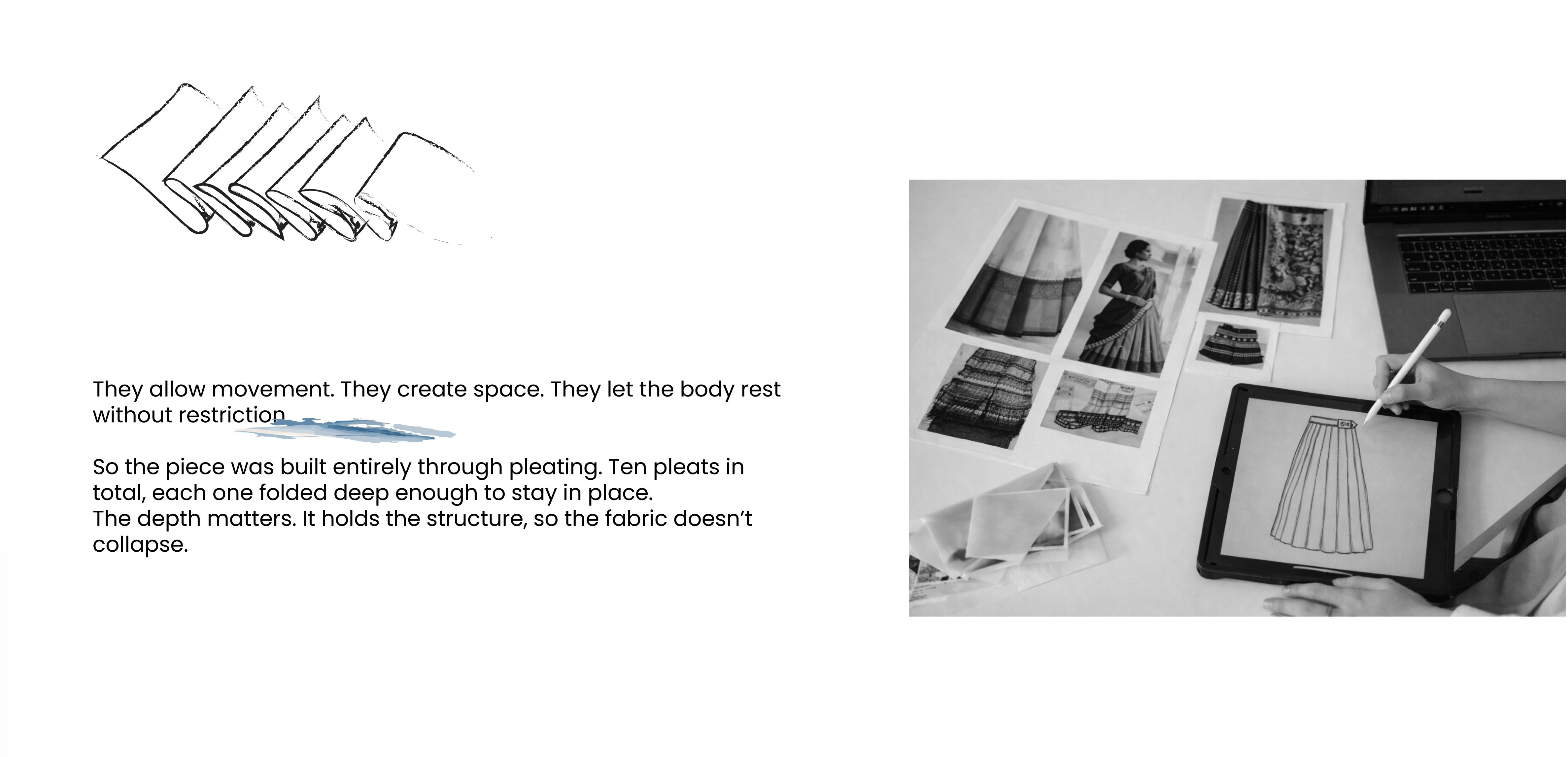 A designer's workspace featuring a sketch of a pleated skirt on a tablet, accompanied by fabric samples, reference photos of pleated garments, and descriptive text about the design's construction.