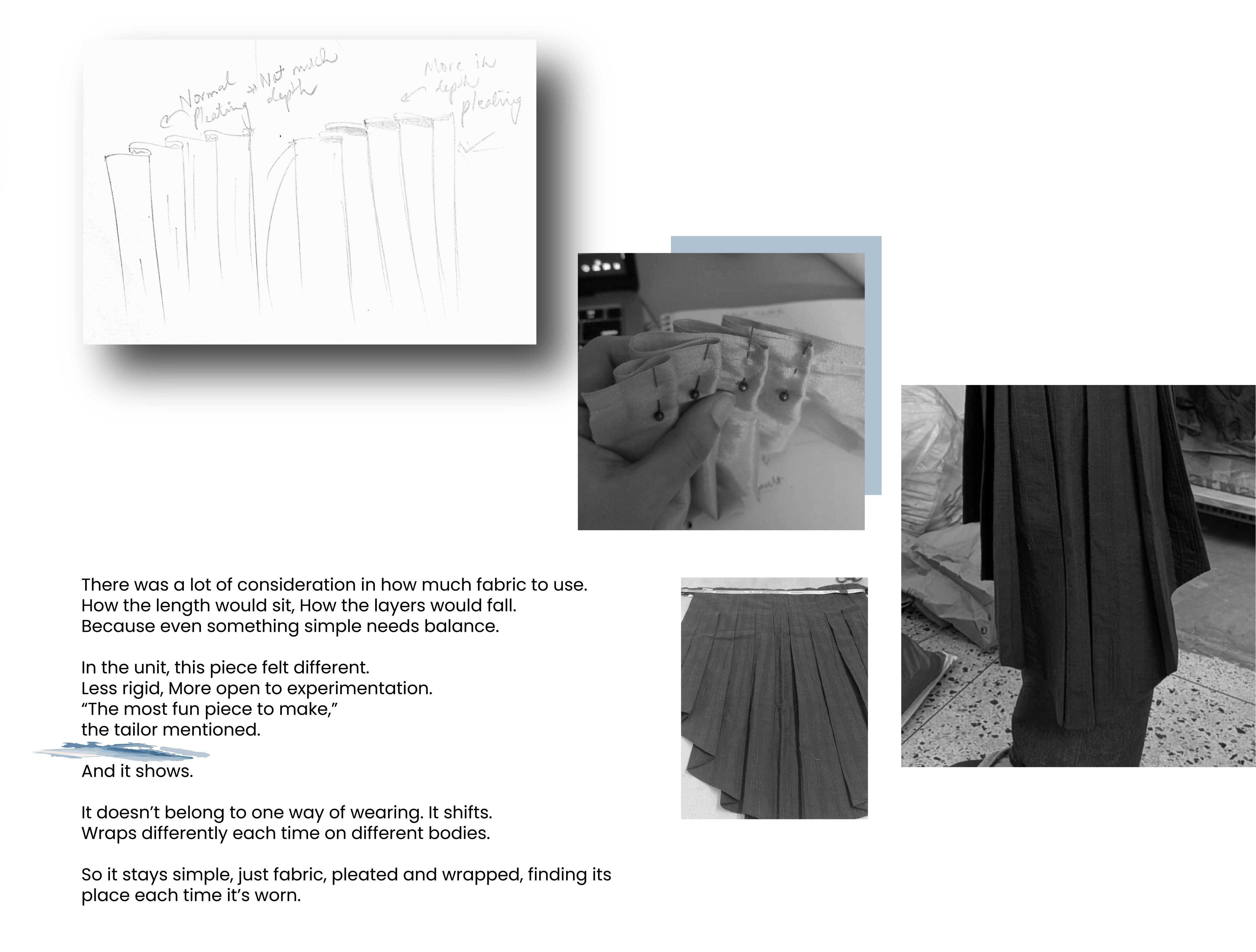 This image appears to document the design and construction process of a versatile pleated garment, likely a skirt.