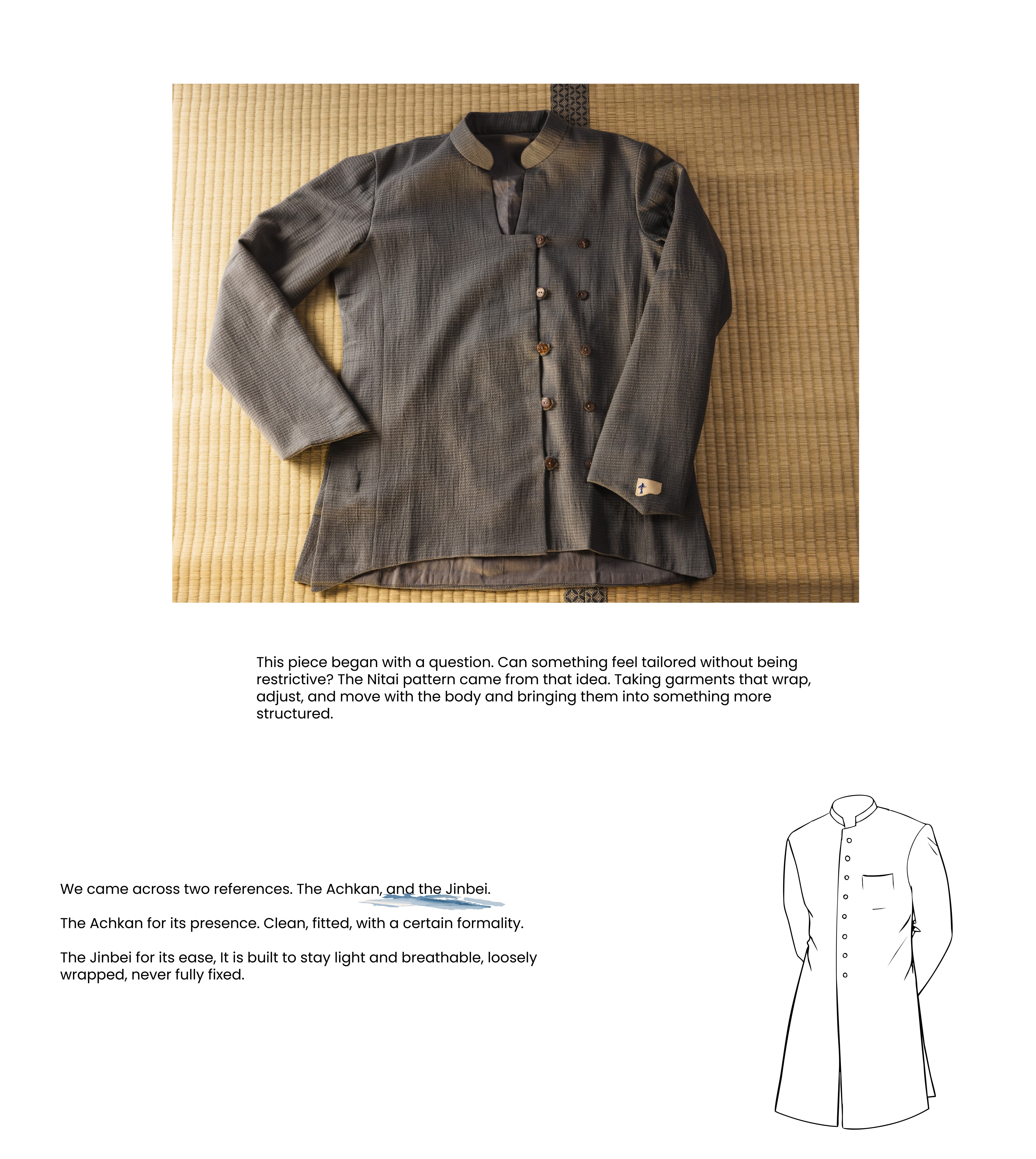 Brown traditional jacket on a textured surface with text and a white line drawing of a similar garment.
