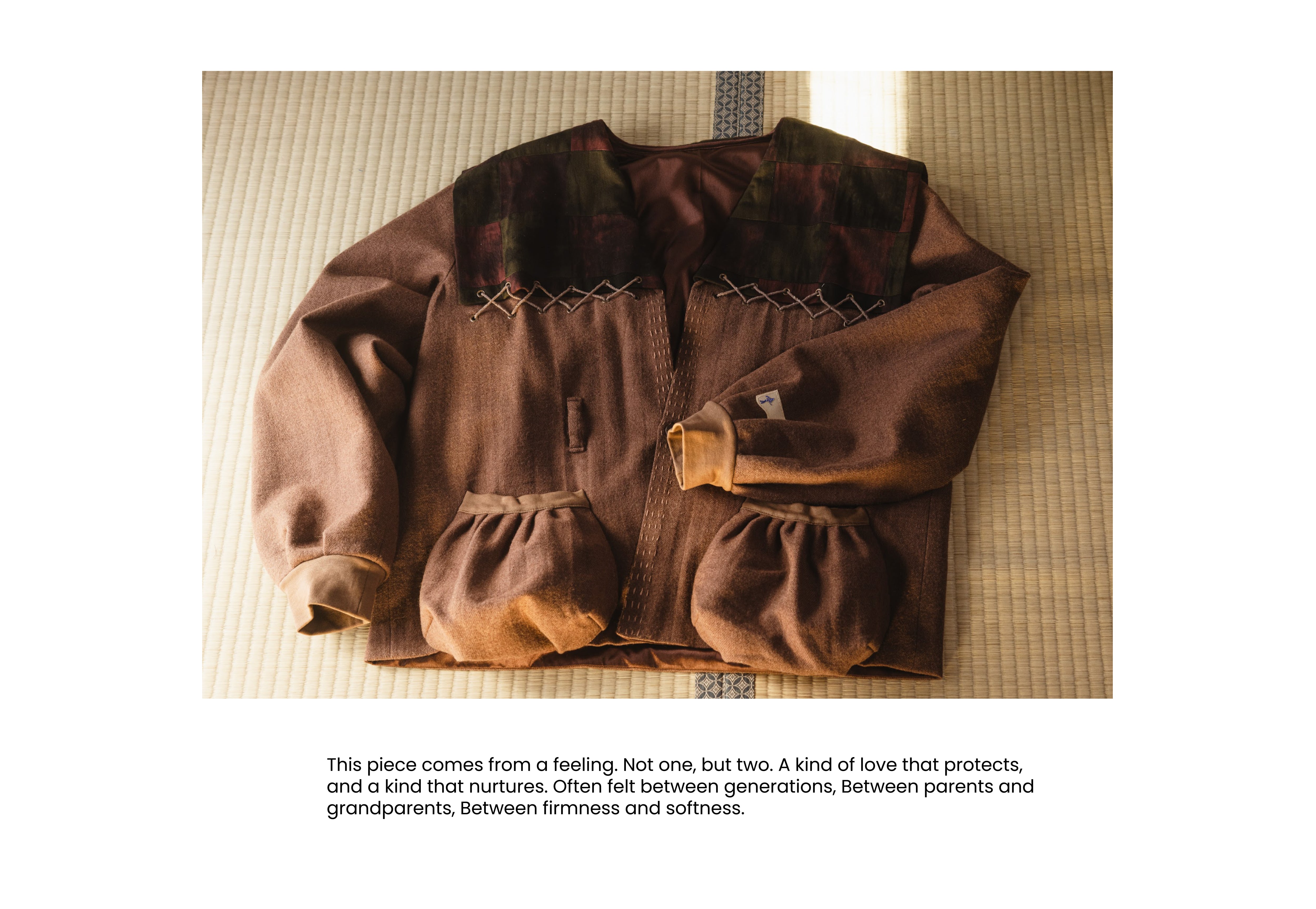 This is a SLOOP brown Cropped Nukumori Jacket with plaid patchwork details and large front pockets.