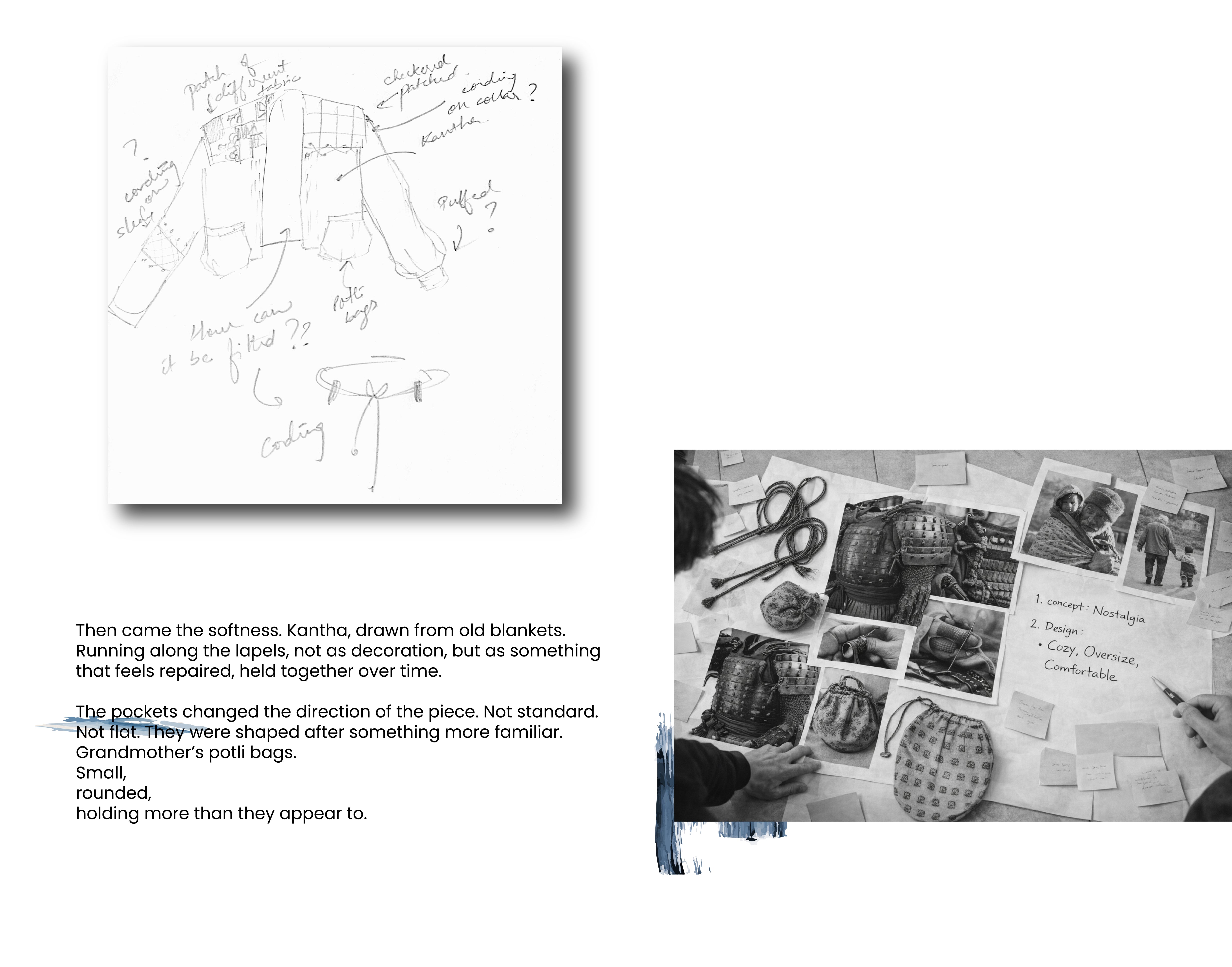 The design elements described in the image focus on softness, nostalgia, and repurposed materials.