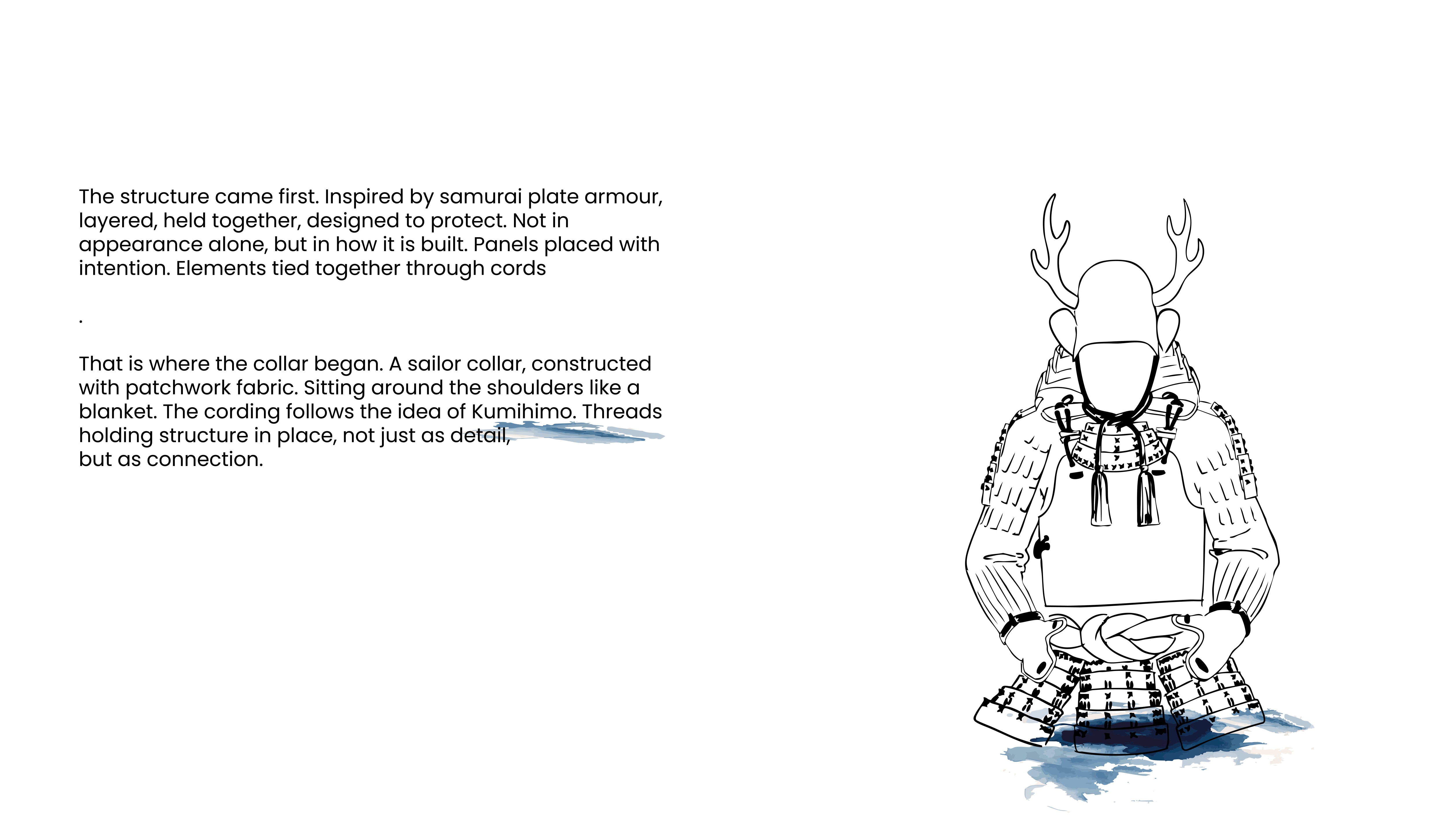 The sketch illustrates a garment design inspired by the functional construction of traditional samurai armor.