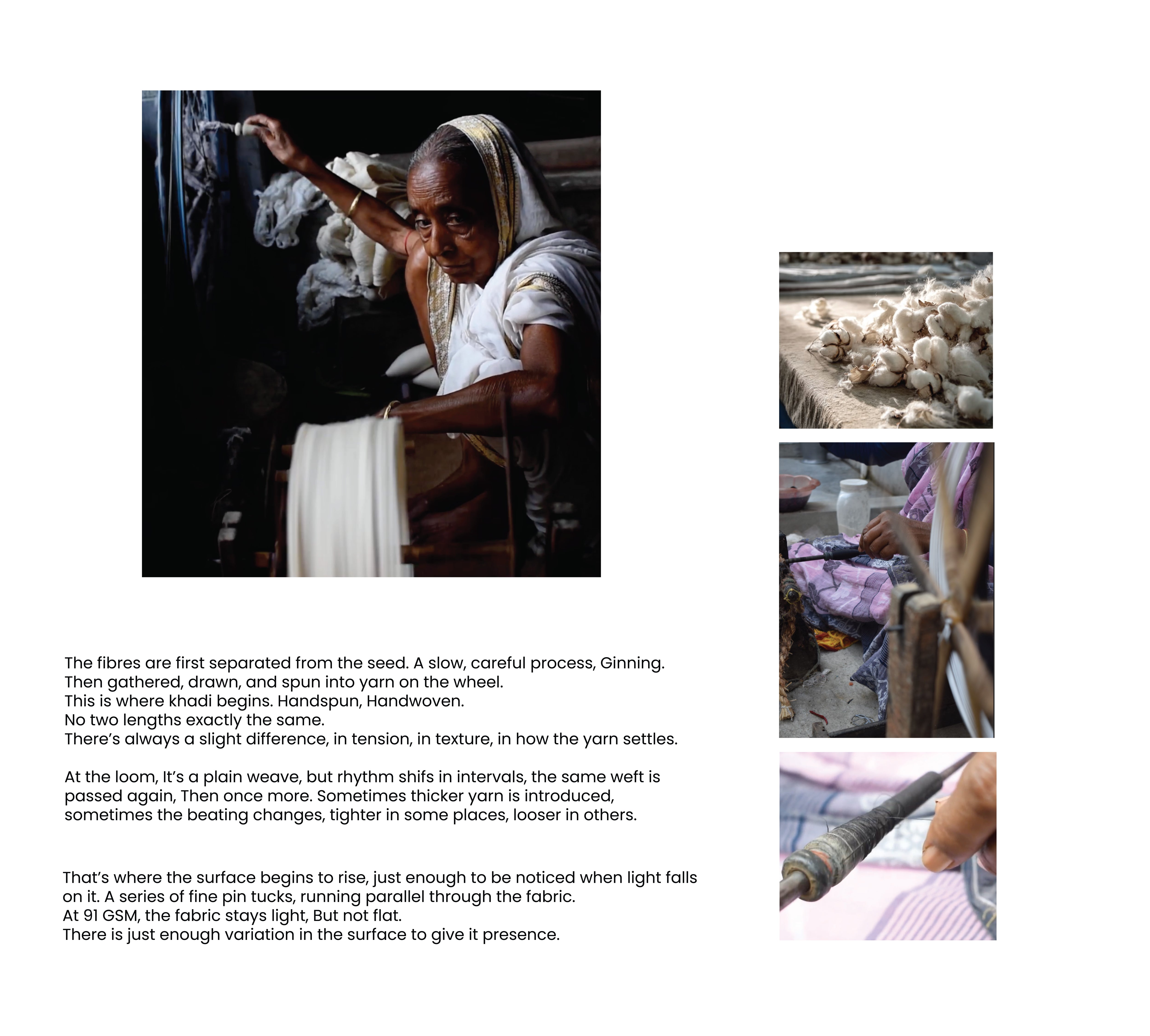 Woman working with yarn and fabric, with text about textile processes.