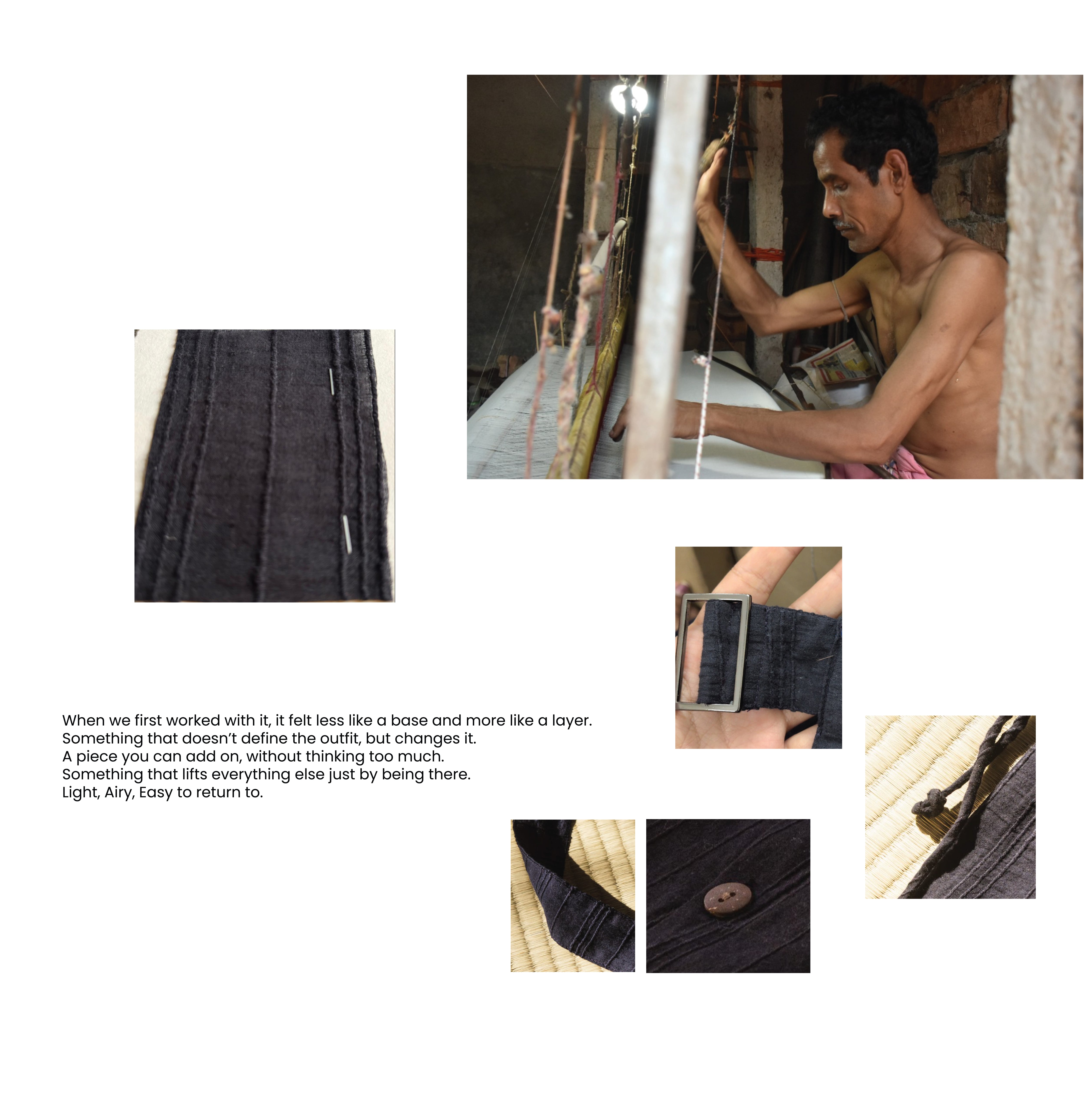 Collage of images showing a person working with fabric and close-up shots of denim fabric.