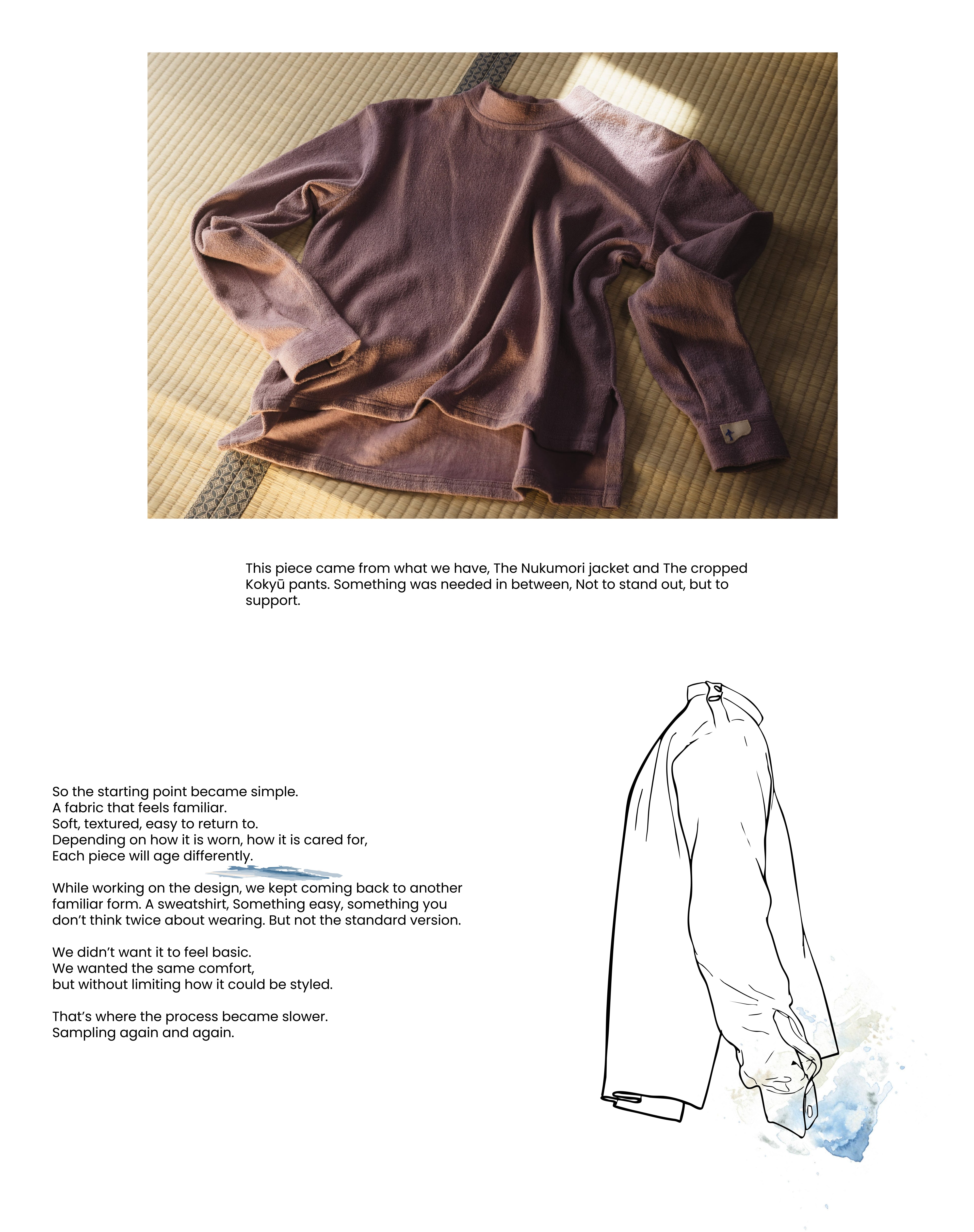 An image from a design catalog featuring a long-sleeved, textured brown shirt laid flat on a woven mat, accompanied by a minimalist line drawing of the shirt's side profile and descriptive design notes.