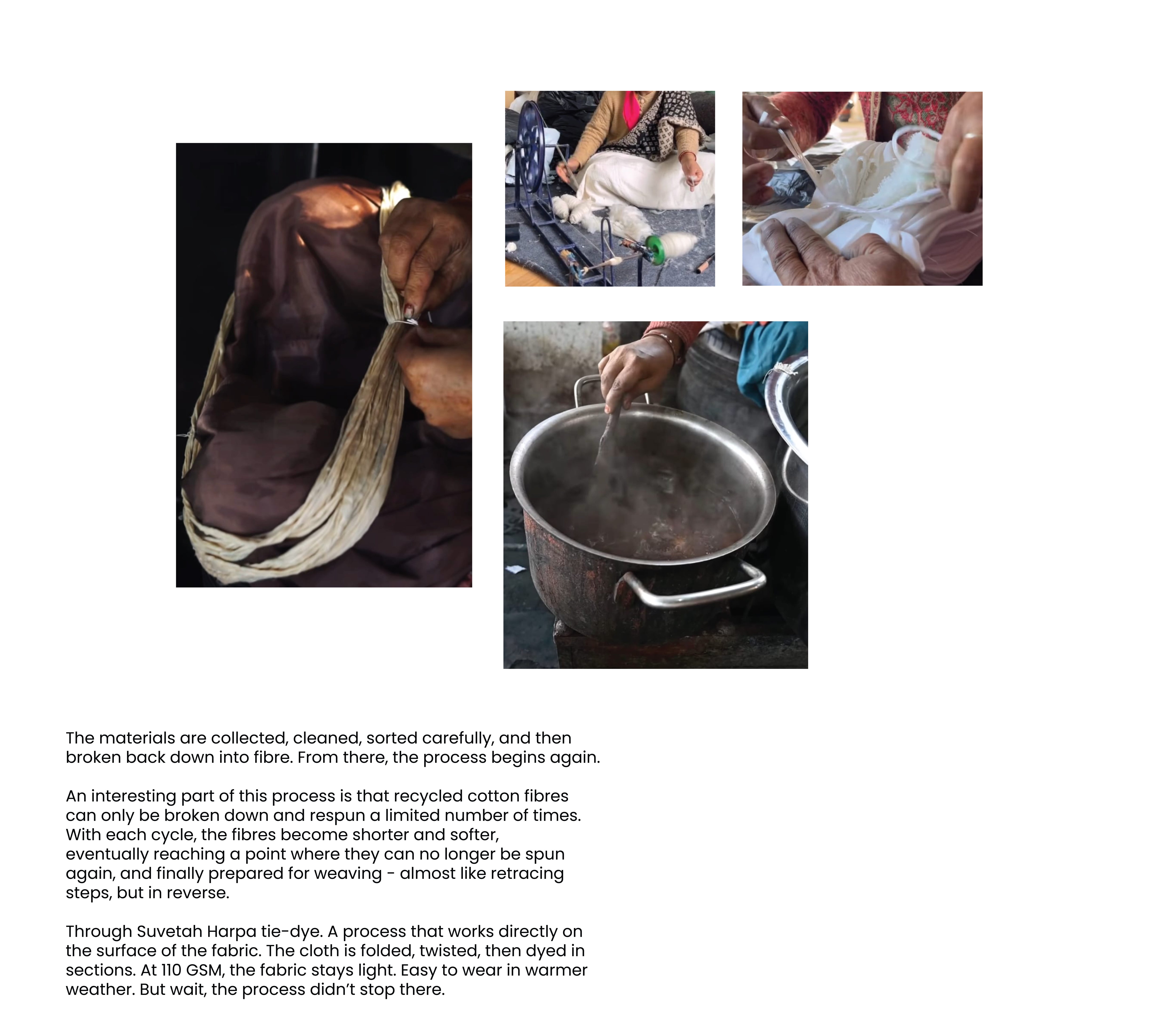 Collage of images showing textile processes with text explaining the recycling and dyeing of fabric.