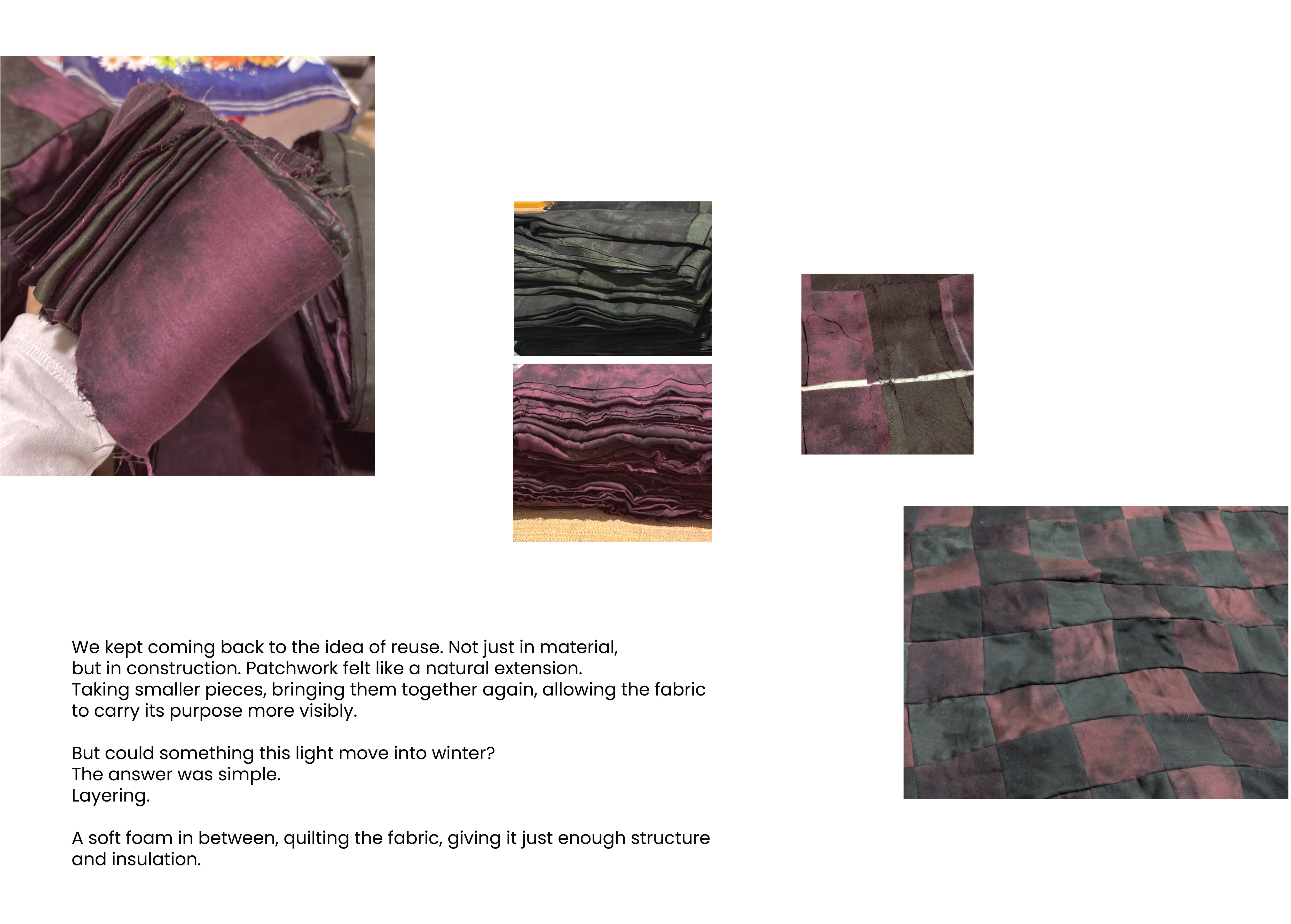 The image appears to illustrate a sustainable design concept focused on reusing material through patchwork and quilting techniques.