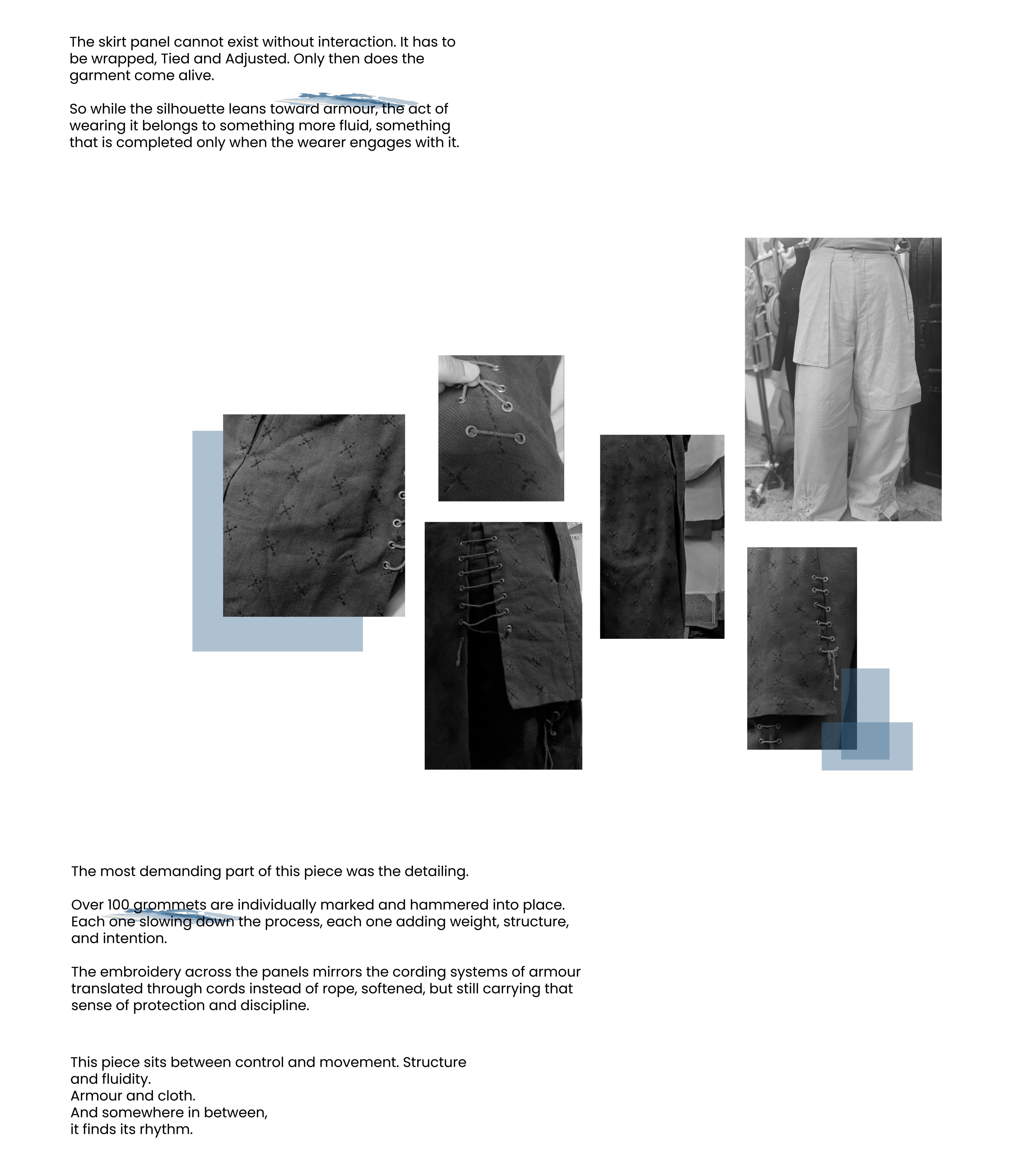 Collage of images and text about a garment with detailed description.