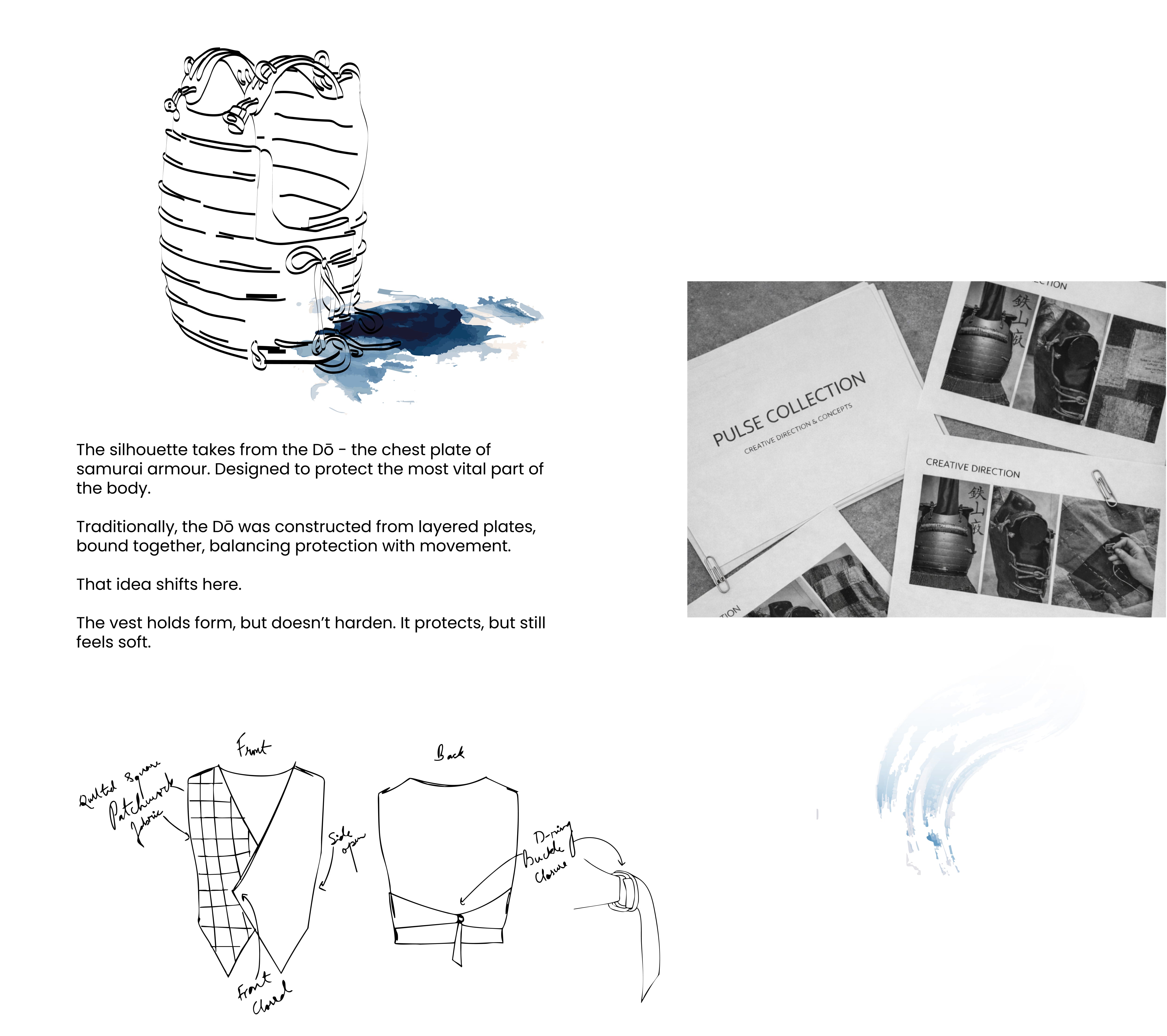 Illustration of a chest plate design inspired by samurai armor with text and images on a white background.